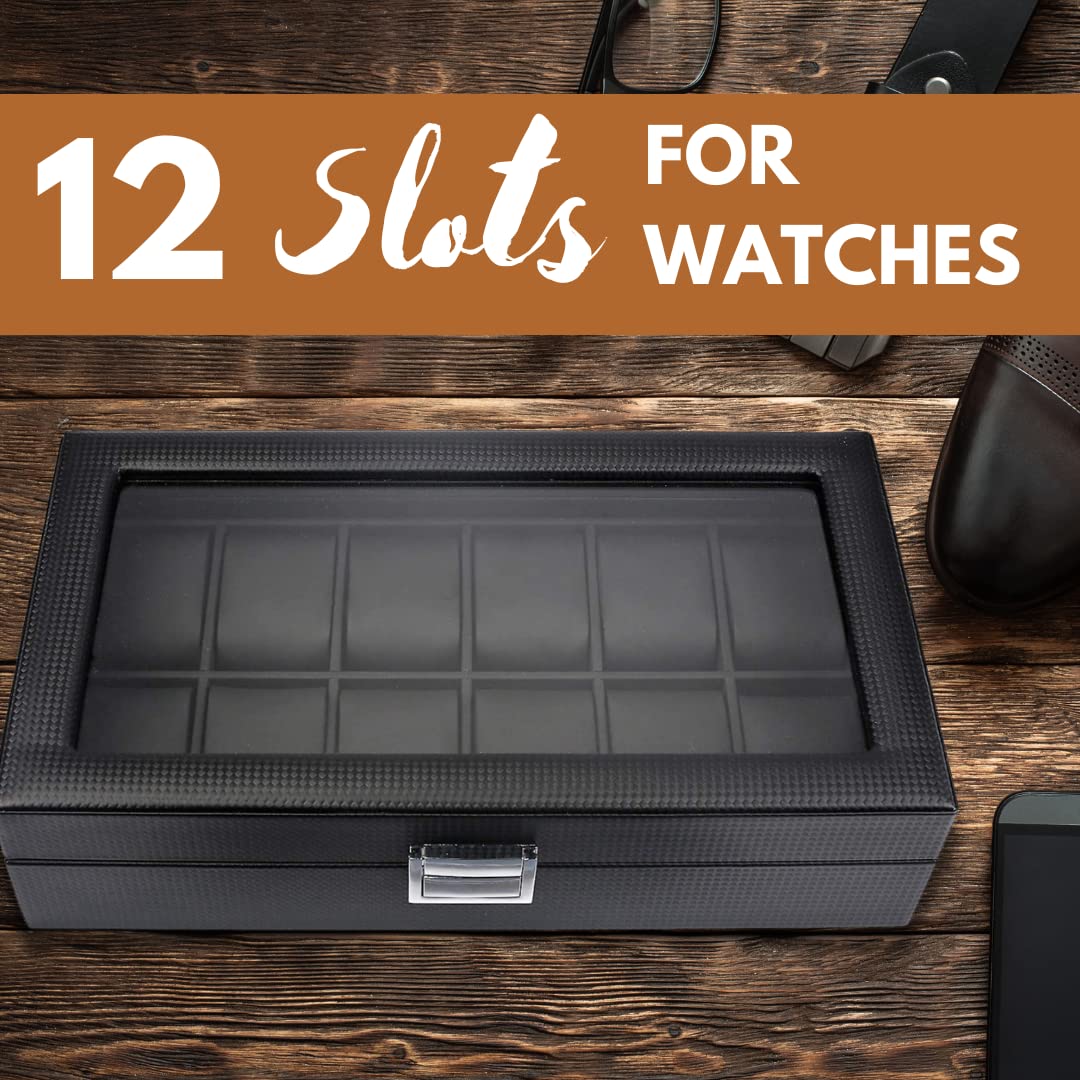 Premium 12-Slot Watch Box for Men - Large Glass Top Watch Case Organizer - Luxury Watch Storage Display (Black) - Perfect for Watch Collectors & Gift Giving