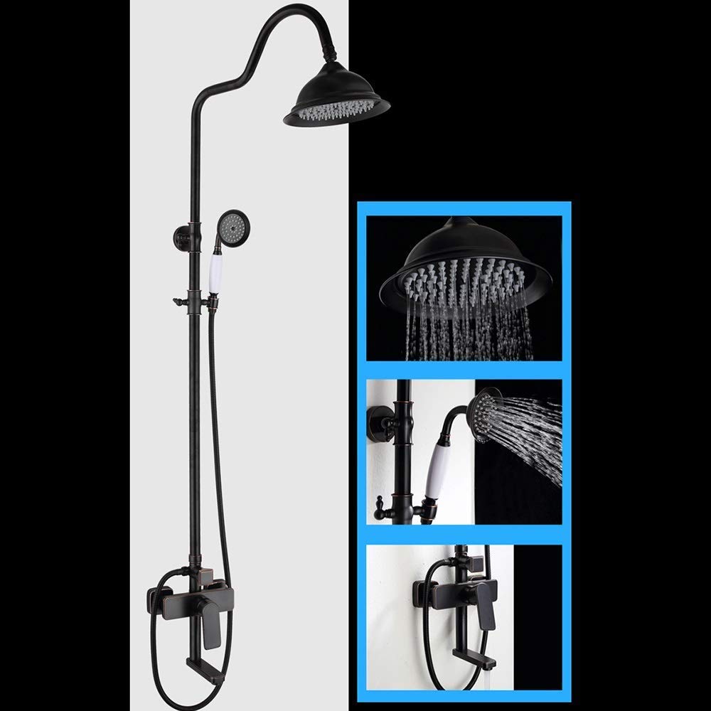 Vintage Brass Shower Faucet Set - 20cm Round Rainfall Shower Head with 3 Spray Modes (Hot/Cold Water) - Black Matte Finish for Bathroom & Spa Relaxation