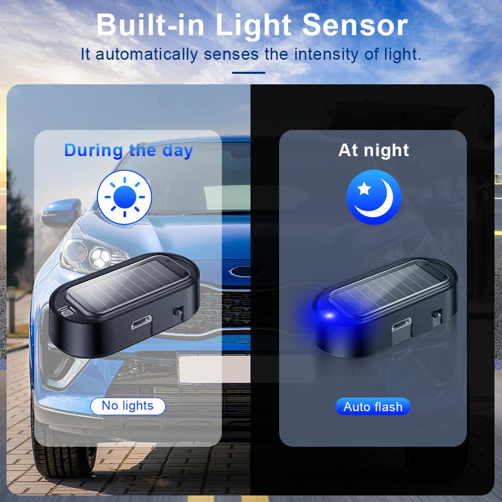 ELECTOP Solar Fake Car Alarm LED Light - Anti-Theft Security with USB Charging for Auto Safety (4PCS, Blue)