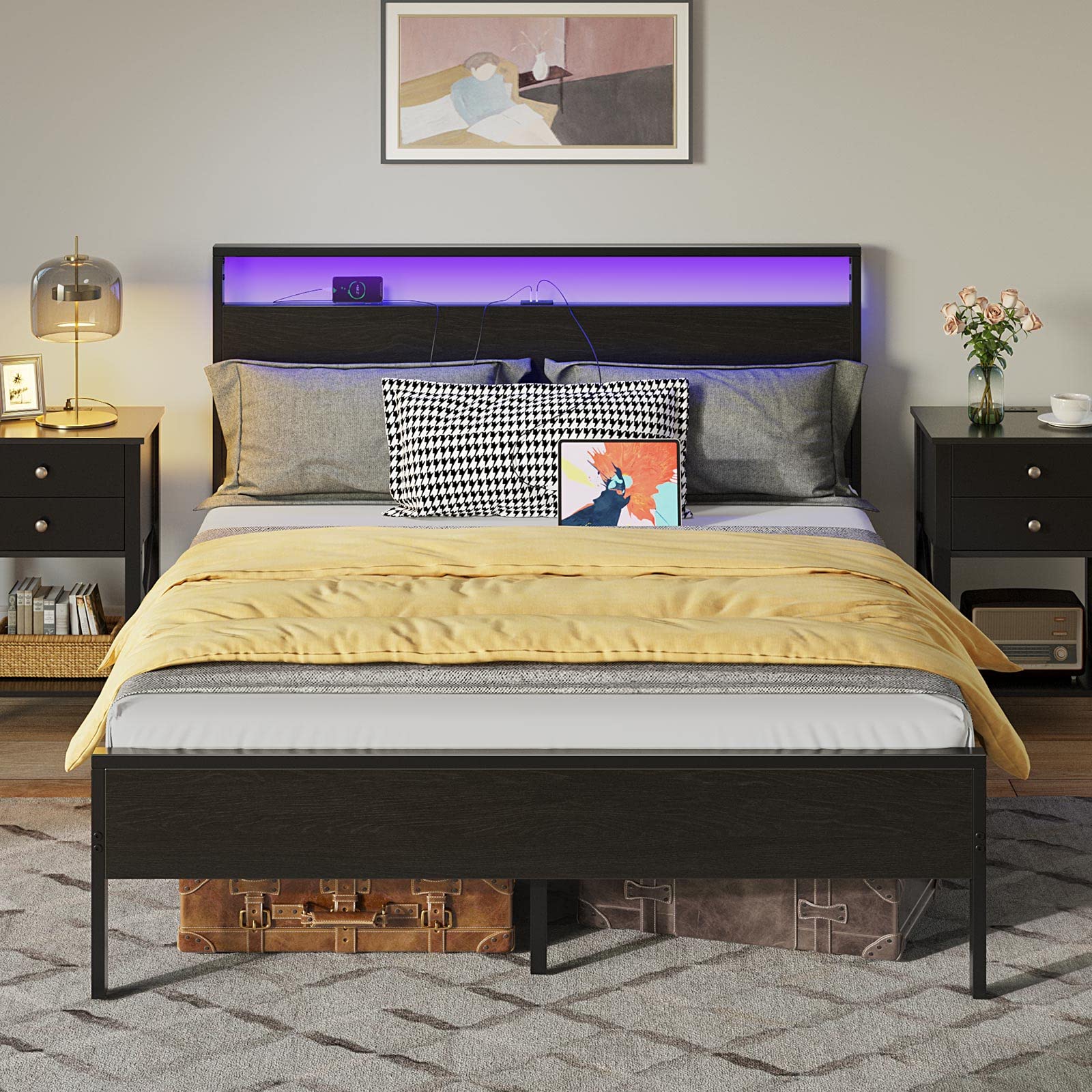 Rolanstar Queen Bed Frame with USB Charging Station & LED Headboard - Sturdy Metal Platform, Noise-Free Design, 10.2