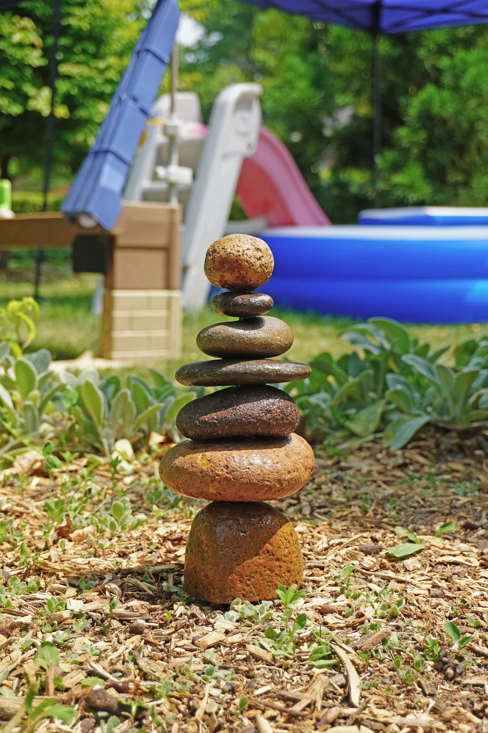 7 Stone Cairn Garden Statue - Zen Outdoor Decor for Meditation Gardens, Patios & Backyards - Natural Stone Stacking Art for Peaceful Landscaping