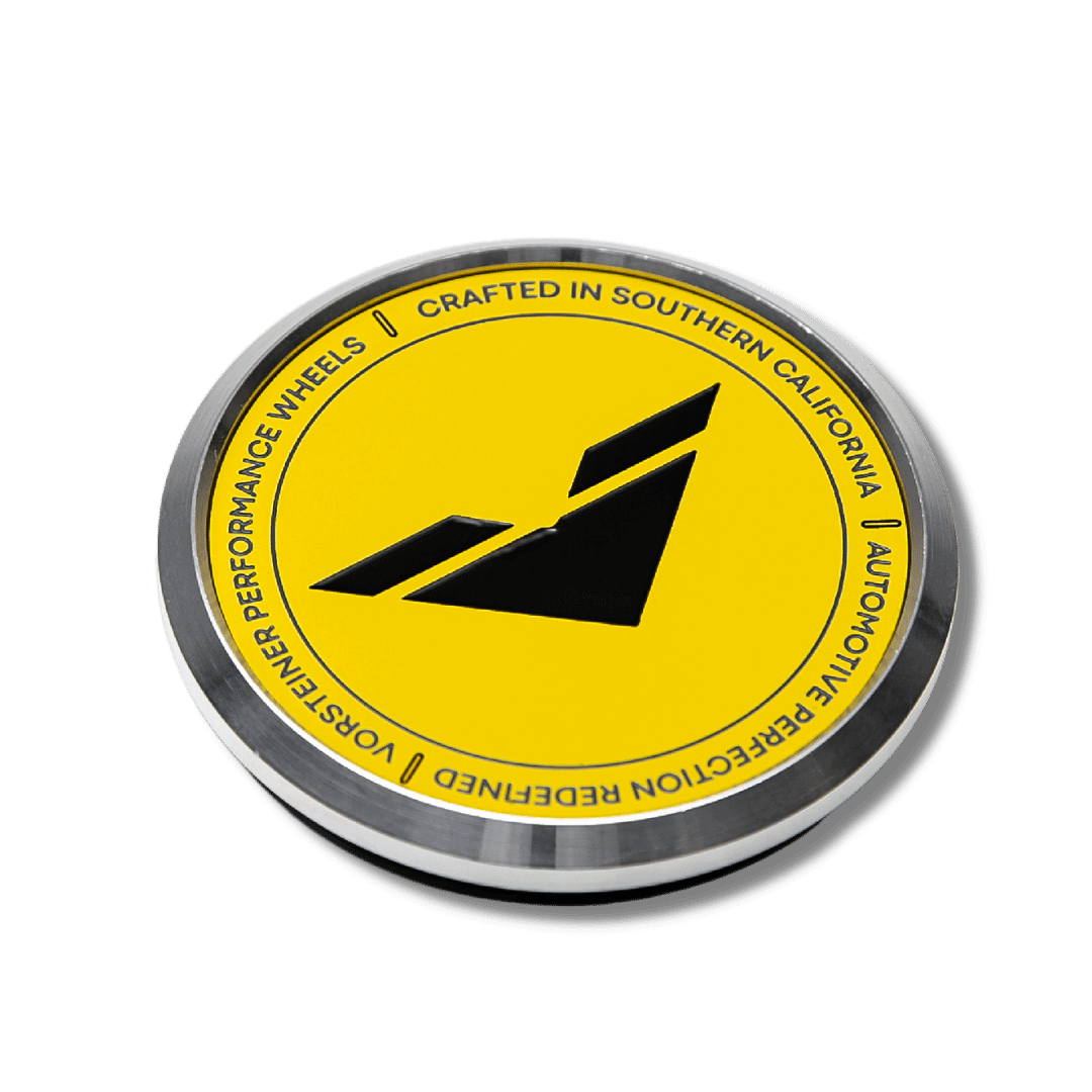 Vorsteiner Aluminum VMP Center Caps - Yellow with Black Logo | Premium Wheel Hub Covers for Luxury & Performance Cars | Perfect for BMW, Mercedes, Audi & Porsche