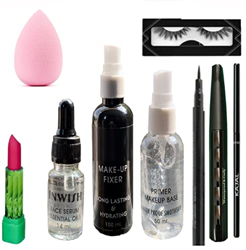 9-Piece Professional Makeup Kit Set with Eyelashes, Eyeliner, Mascara, Kajal, Makeup Fixer, Primer, Face Serum, Puff & Lipstick - Perfect for Daily Beauty Routine, Party Makeup & Travel Essentials