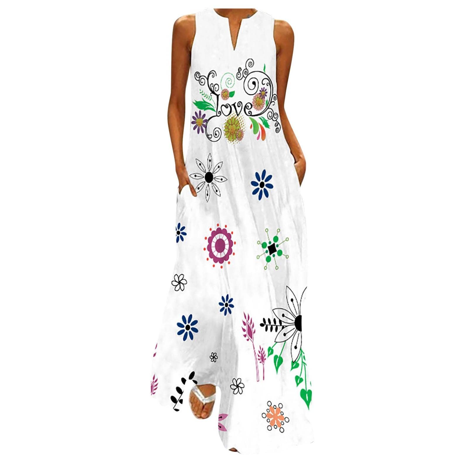 Women's Floral Print Sleeveless Maxi Dress - Casual Summer Tank Dress with Flowy Design for Beach, Vacation & Outdoor Activities