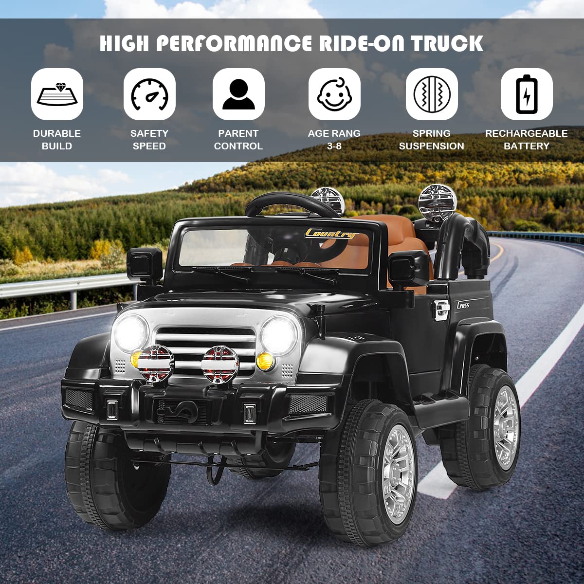 HONEY JOY 12V Battery Powered Ride On Truck for Kids with Remote Control, MP3 Player, Music, Horn & LED Lights - Electric Car with Spring Suspension & Open Doors for Boys & Girls (Black) | Perfect for Outdoor Play, Birthday Gifts & Family Fun