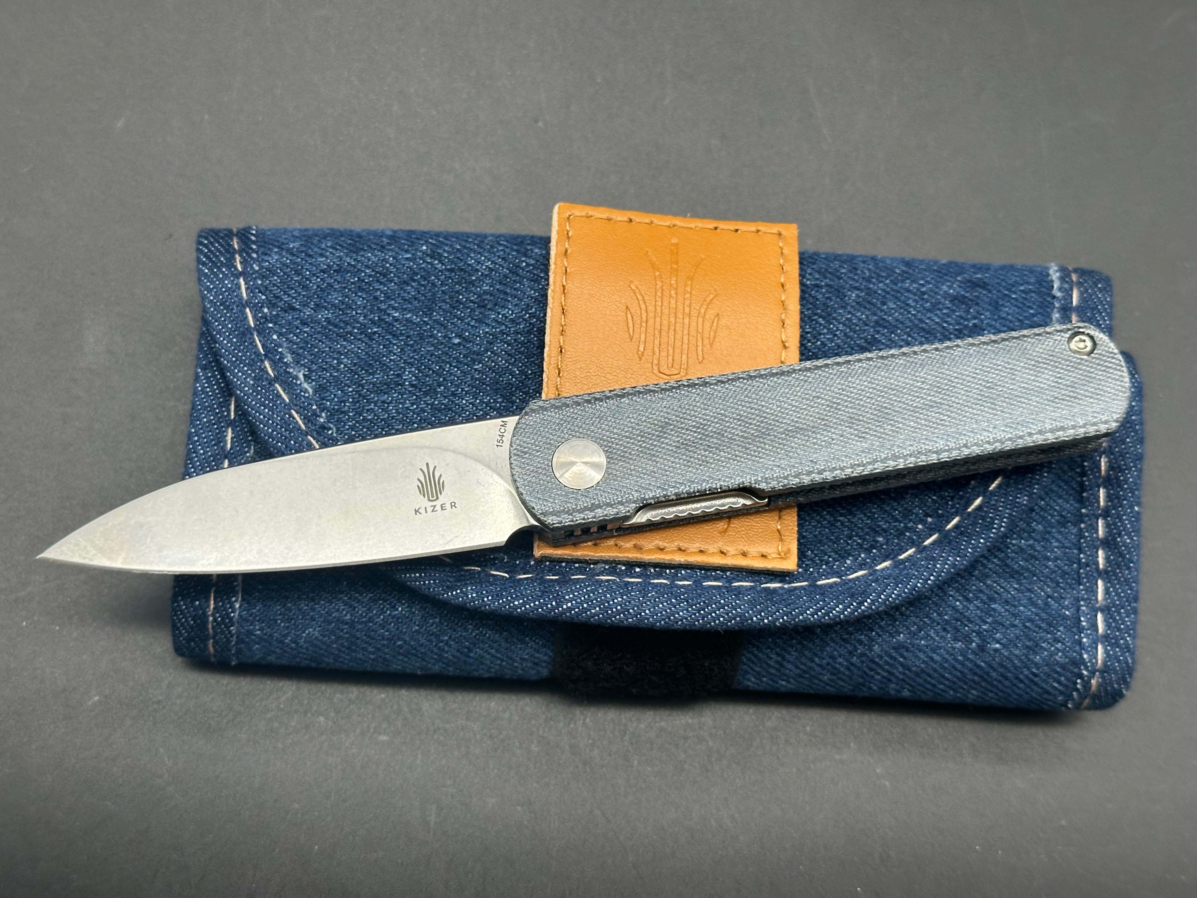 KIZER FEIST Folding Pocket Knife - Premium 154CM Steel Blade, Denim Micarta Handle, Plain Edge (V3499C4) - Perfect for EDC, Outdoor Adventures & Everyday Carry Tasks