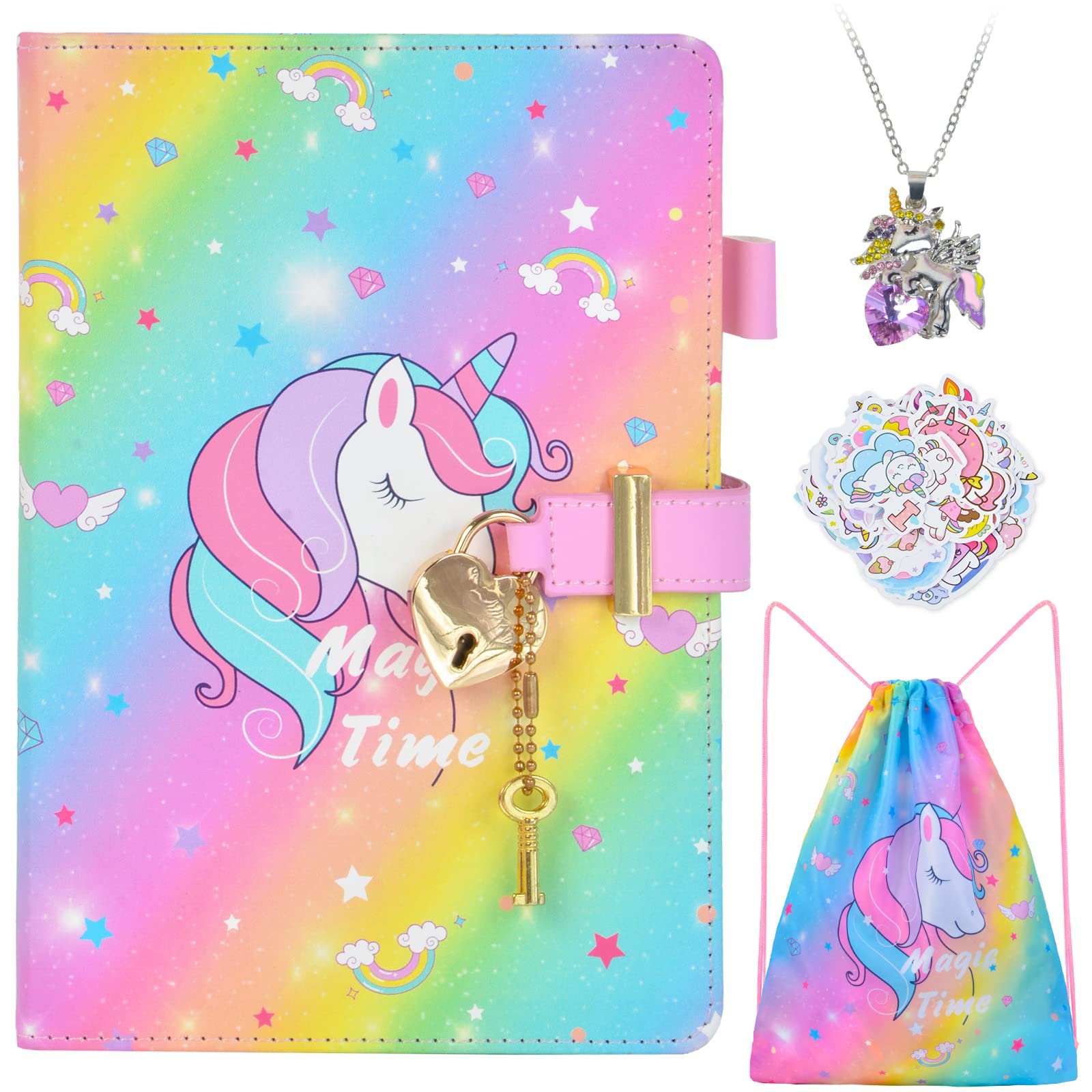 Girls Unicorn Diary with Lock & Key Set - Cute Journal Notebook, Drawstring Bag, Stickers & Necklace - Perfect Unicorn Gifts for Kids | Birthday, Christmas, School Use