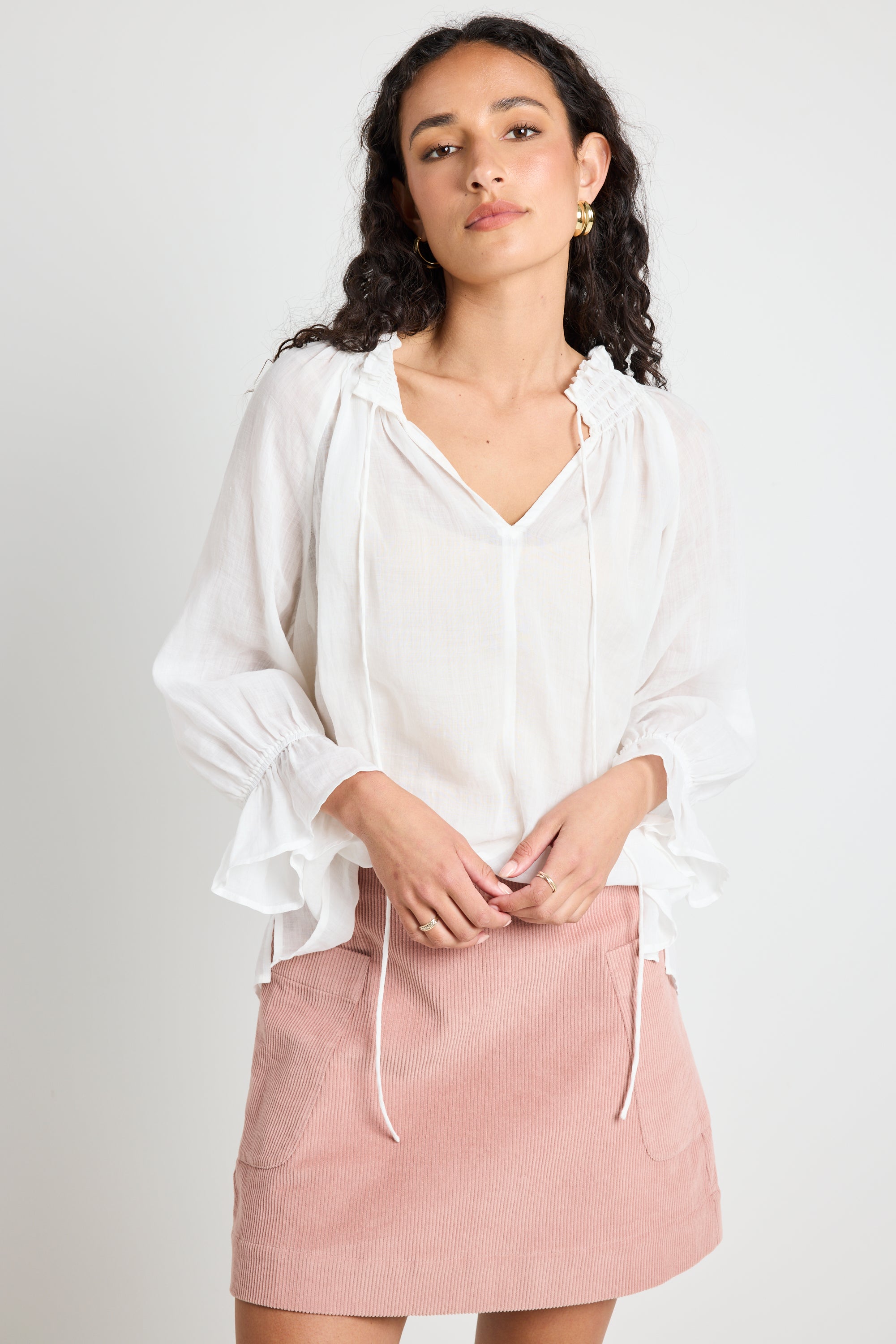 Expedition Ivory Ramie Shirred Neck Short Sleeve Top - Breathable Summer Blouse for Women, Casual & Travel Outfits, Perfect for Beach Vacations and Outdoor Adventures