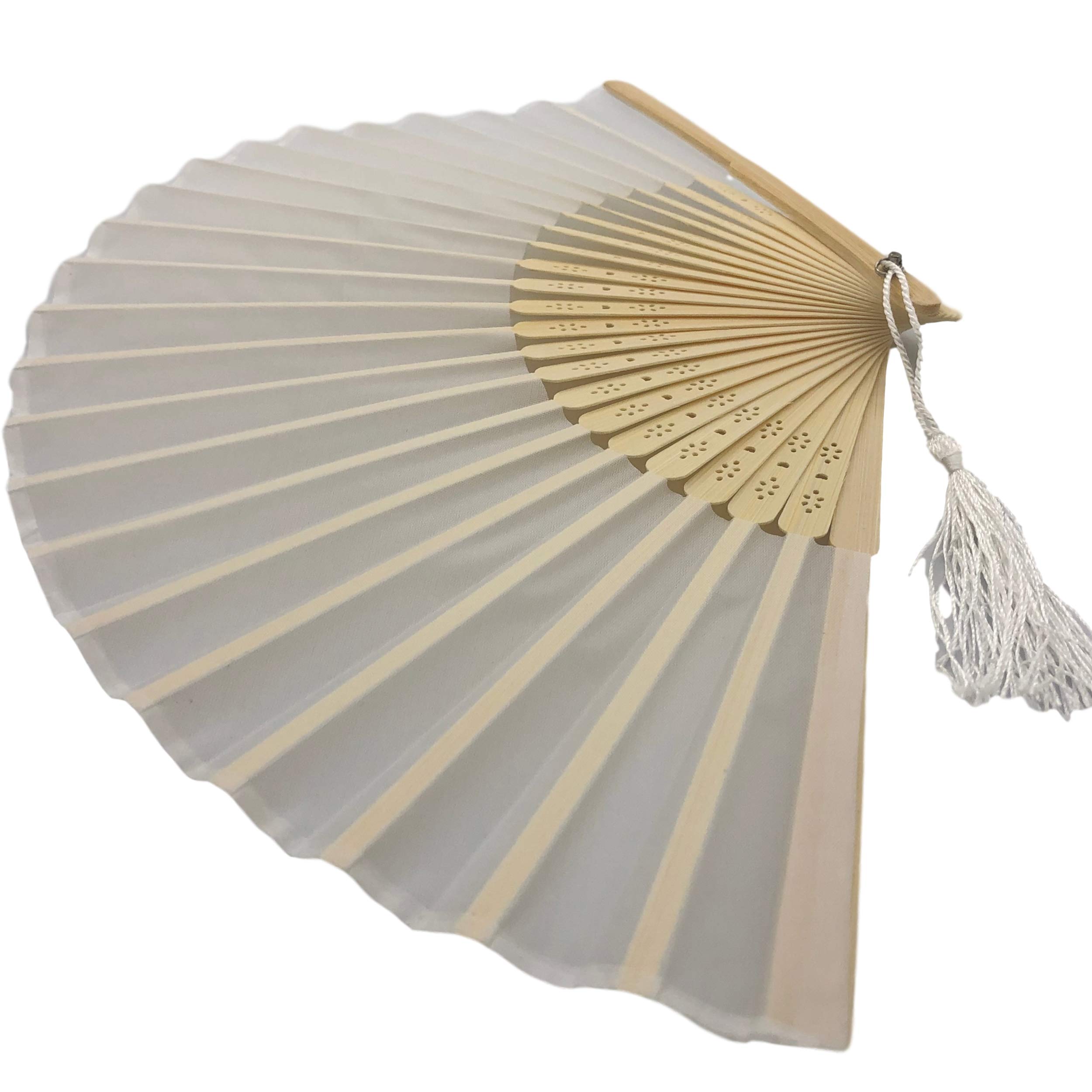 10 Pack Handheld Fabric Fans with Tassel - Premium Bamboo Ribs Wedding Party Favors, Summer Cooling Accessories for Outdoor Events, Bridal Showers & Beach Weddings (White)