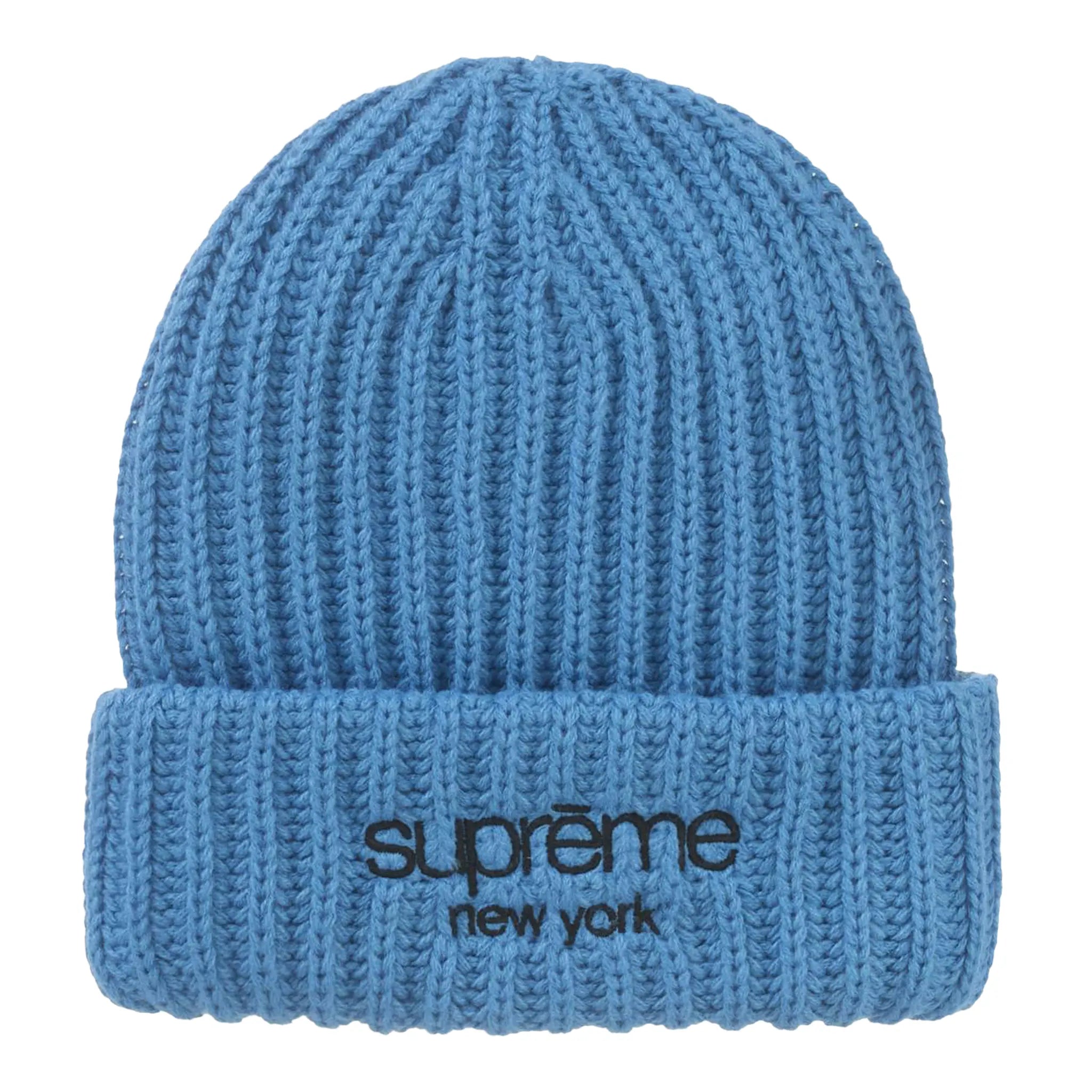 Supreme Classic Logo Chunky Ribbed Blue Beanie for Men & Women - Winter Warm Knit Hat for Cold Weather - FW24 Collection - Perfect for Skiing, Snowboarding & Outdoor Activities