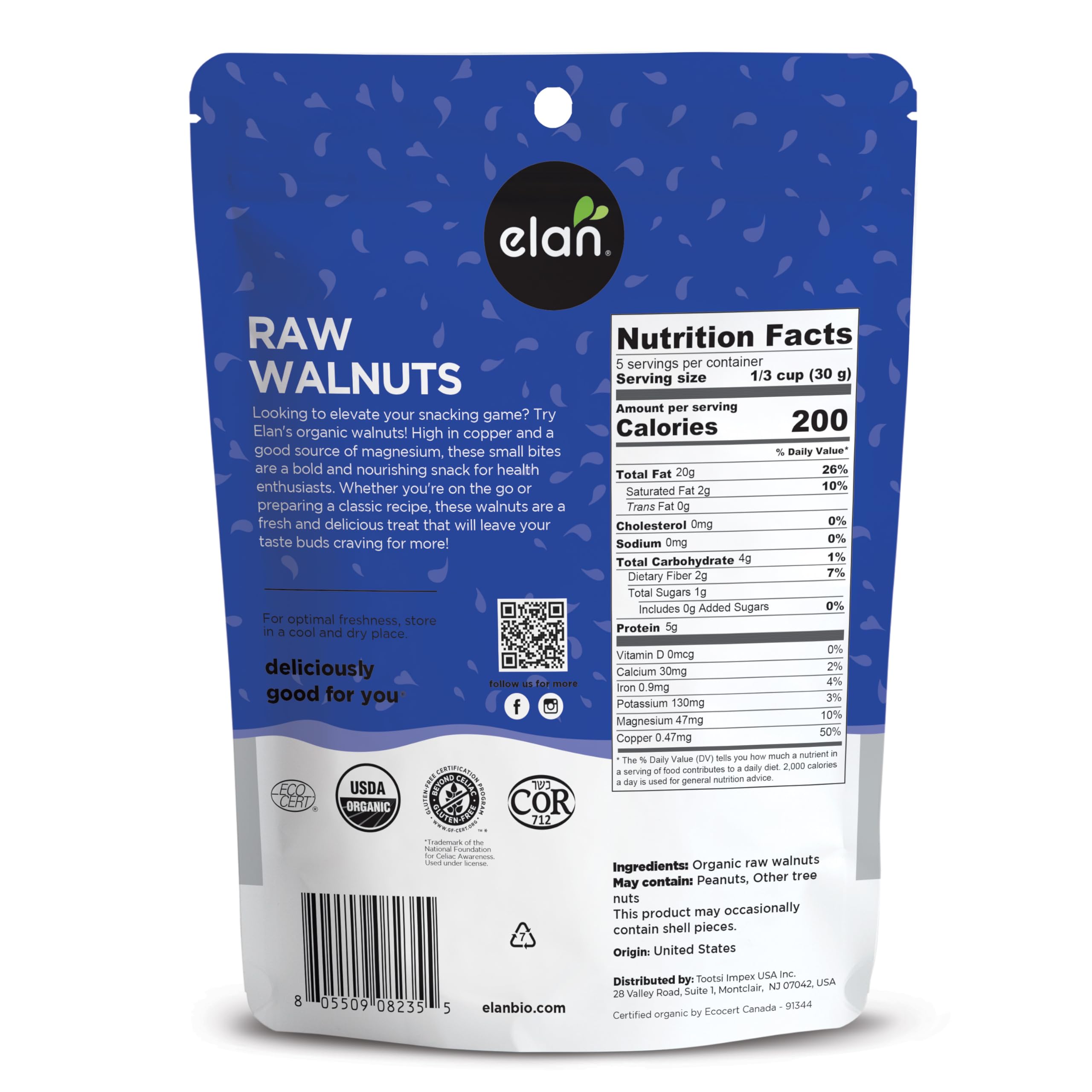 Organic Walnuts Raw Unsalted 8-Pack - Healthy Vegan Snacks for Baking & Snacking