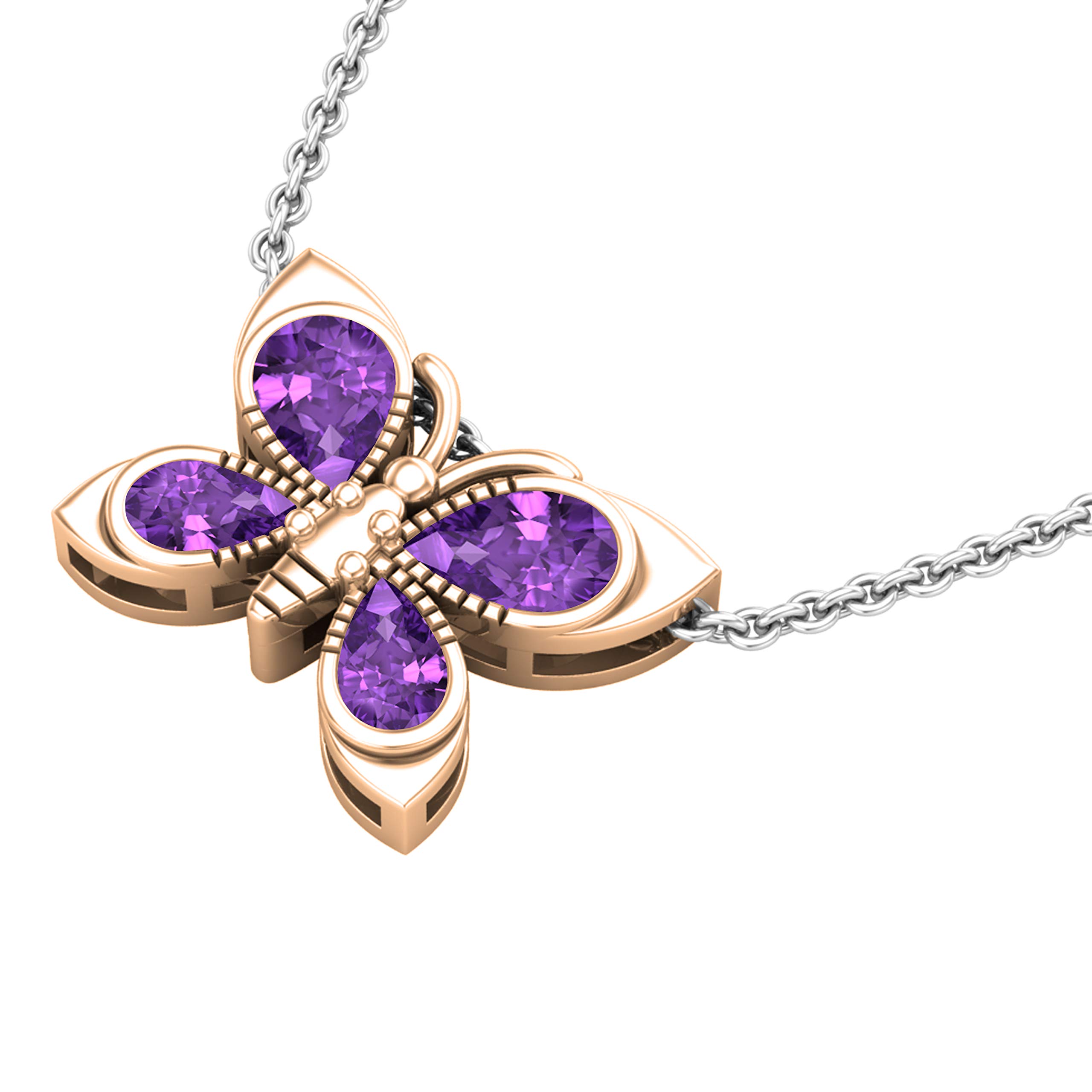 Dazzlingrock Collection 10K Solid Rose Gold Pear Amethyst Butterfly Pendant Necklace for Women with Silver Chain | Elegant Jewelry Gift for Birthday, Anniversary & Special Occasions