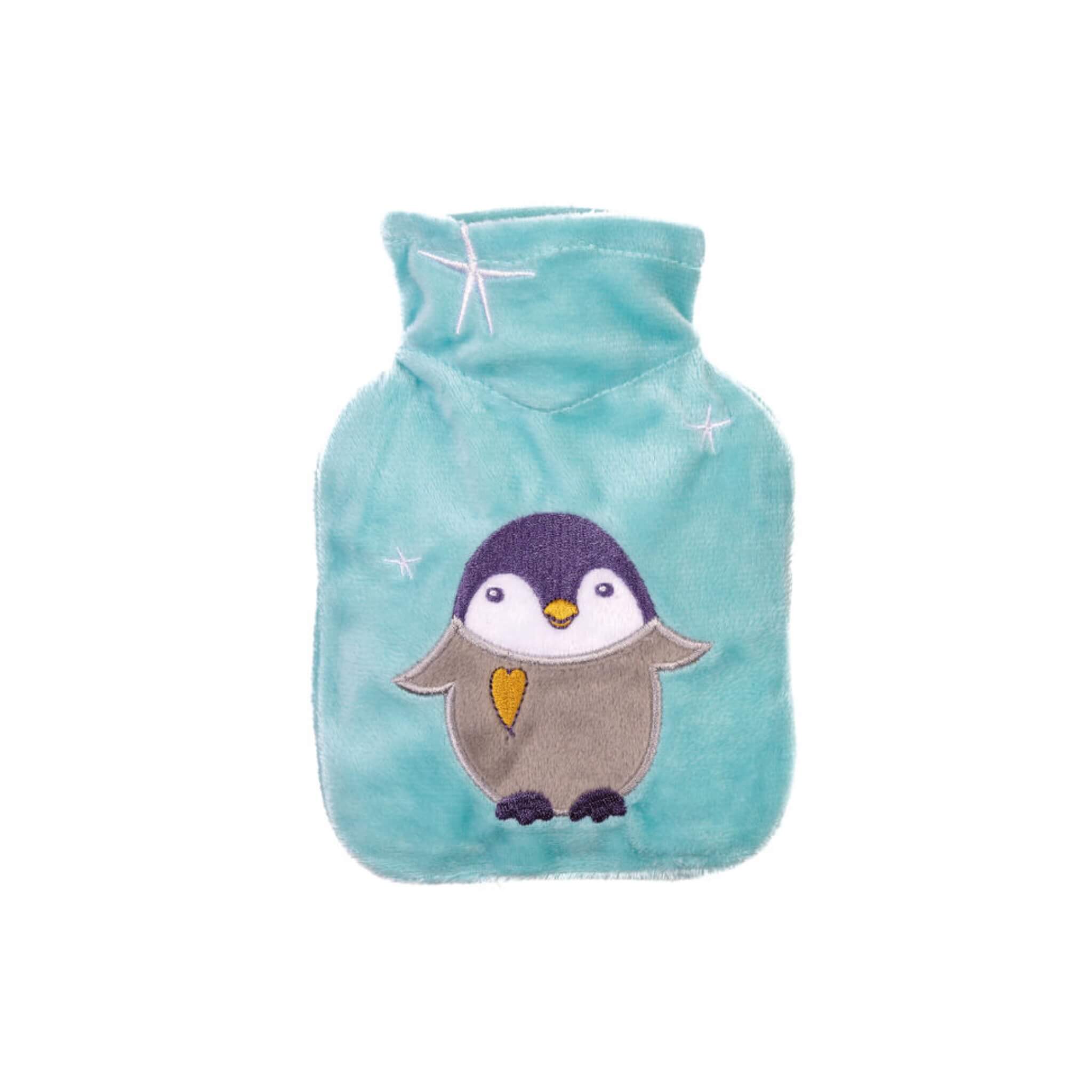 0.2L Luxury Mini Hot Water Bottle with Ice Blue Penguin Plush Velour Cover - Rubberless & Leakproof - Perfect for Cramps, Cold Nights & Travel - Cute Penguin Design for Kids & Adults