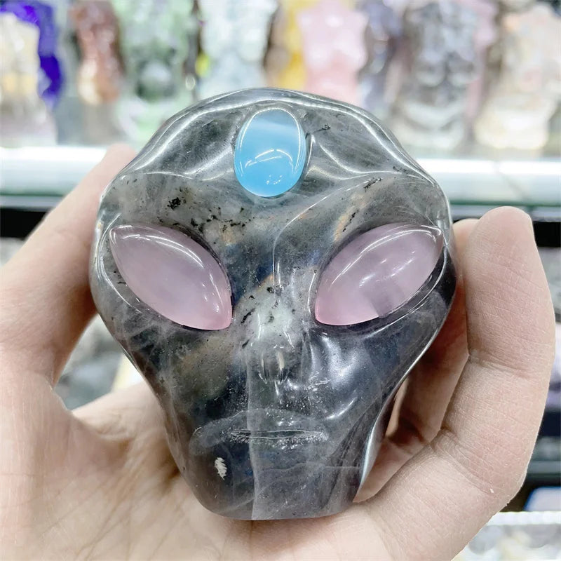 Natural Labradorite Crystal Carved Alien Skull - Healing Stone for Chakra Balancing, Reiki Energy, Unique Spiritual Gift & Home Decor | Perfect for Meditation Spaces, Yoga Rooms & Crystal Collections