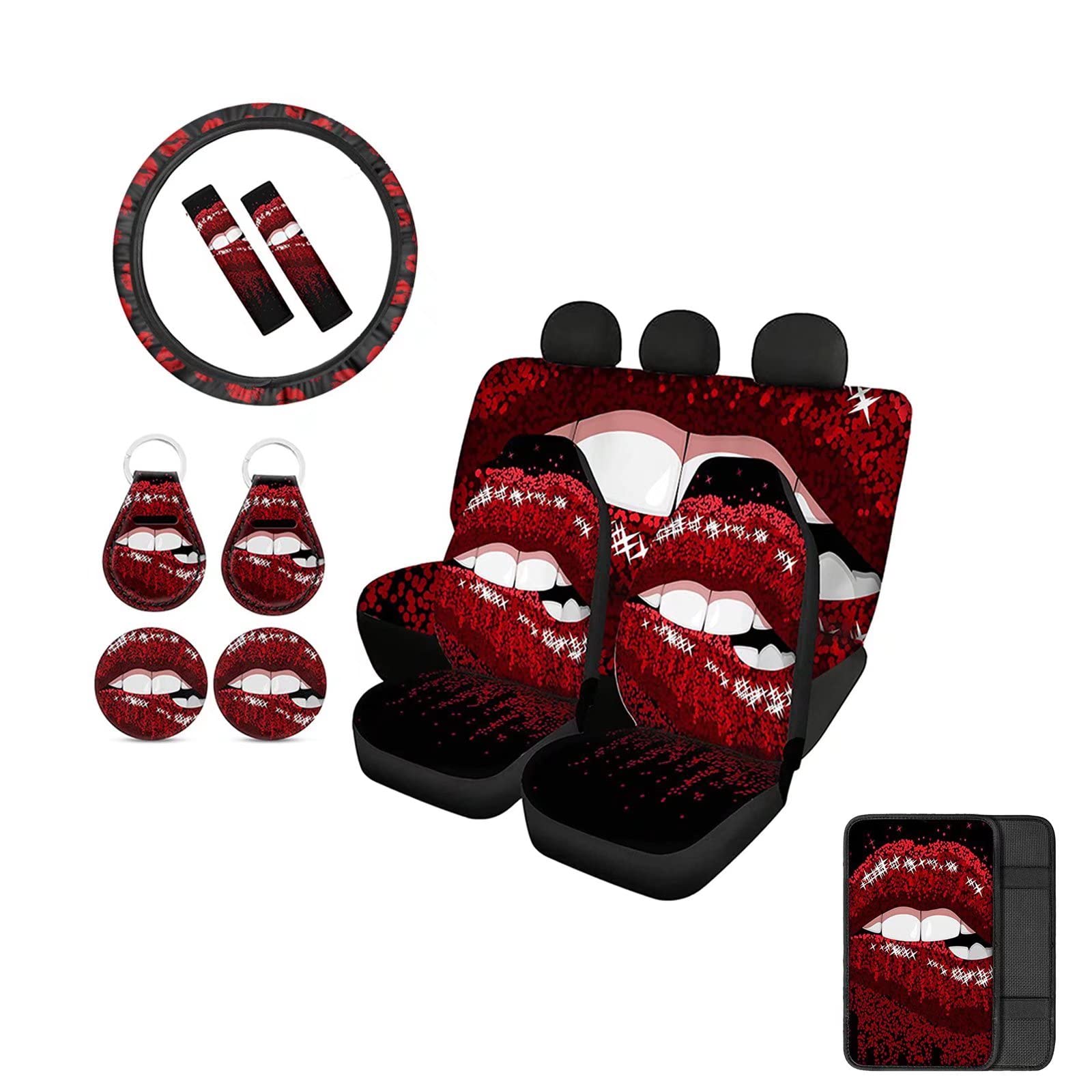 JEOCODY Red Lips Car Seat Cover Set - Universal Front Rear Bench Back Seat Cover with Steering Wheel Cover, Seat Belt Cover, Cup Holder Coasters, Keychain & Armrest Cushion | SUV & Car Interior Accessories for Style & Protection