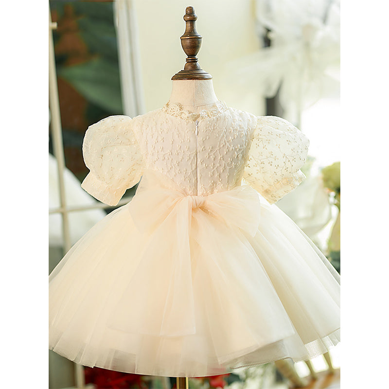 Ivory Lace Tulle Princess Flower Girl Dress - V Neck Puff Sleeve Bridesmaid Dress for Weddings, Baptisms & Special Occasions
