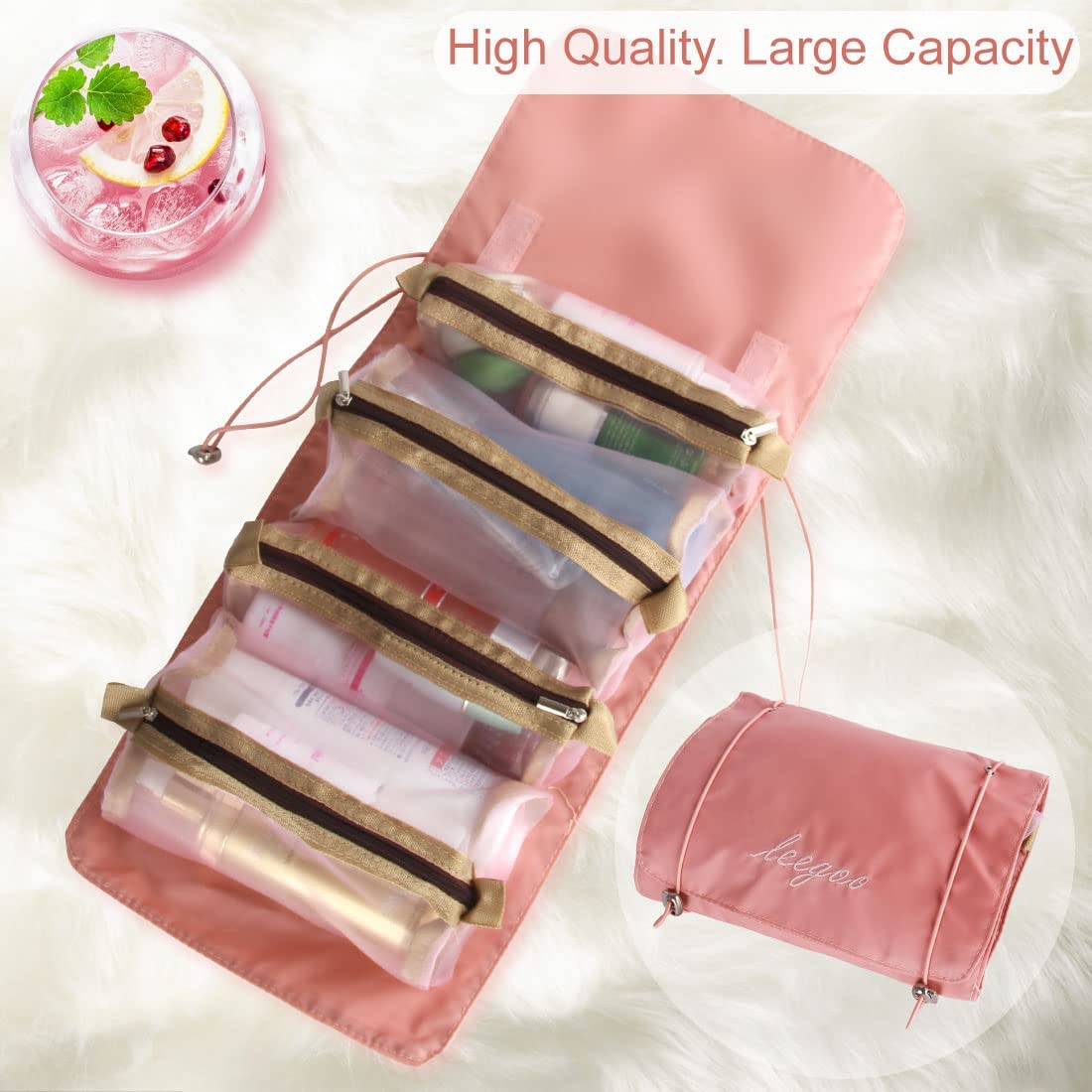 DD Retails 4-in-1 Foldable Hanging Roll Up Makeup Toiletry Bag | Waterproof Travel Cosmetic Organizer for Women | Portable Makeup Storage Pouch | Perfect for Vacation, Gym & Business Trips (1 Pack)