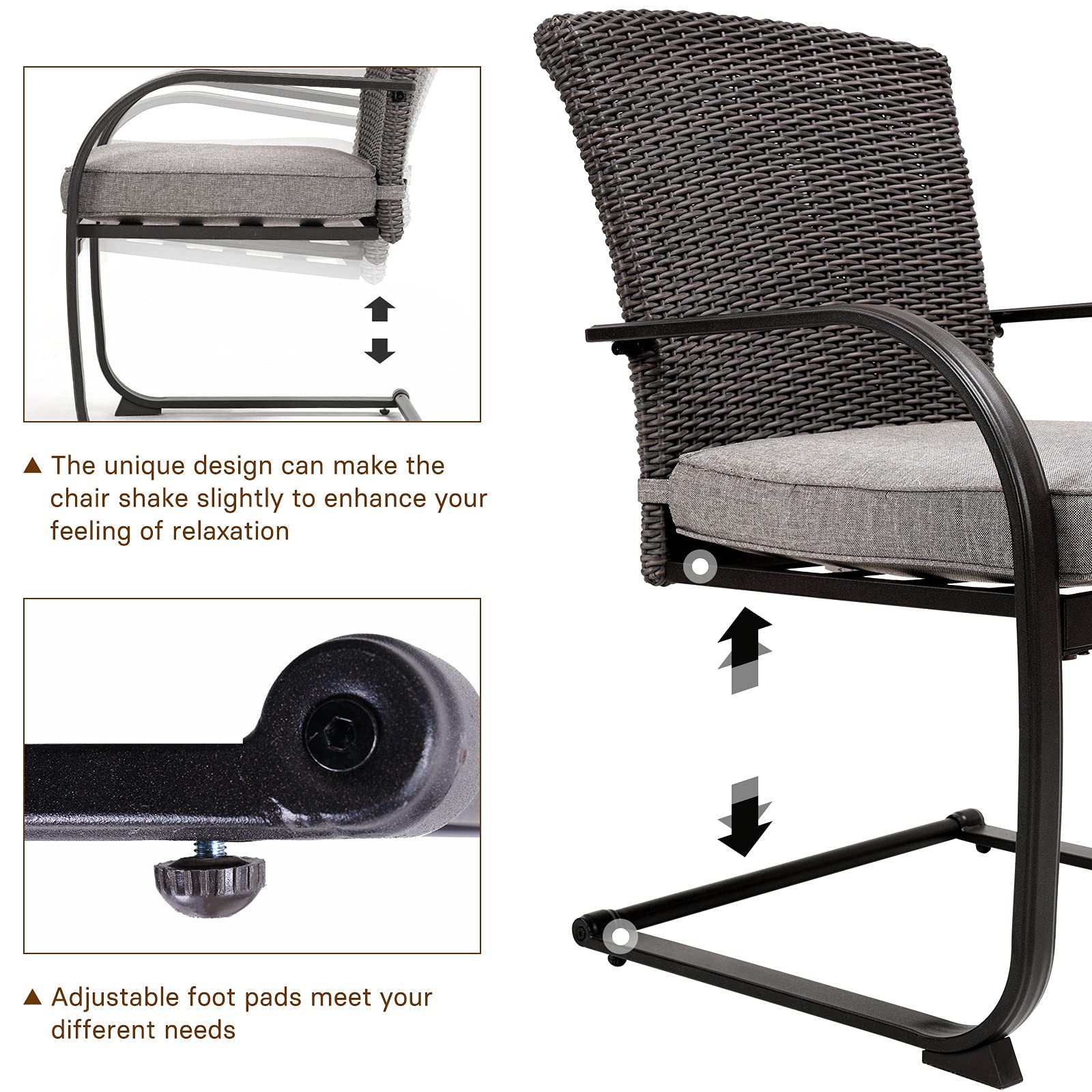 4-Piece Outdoor Patio Dining Chairs Set - Metal Frame with C-Spring Motion & Wicker Design, Includes Gray Seat Cushions - Perfect for Garden, Backyard, Deck, and Poolside Dining Areas