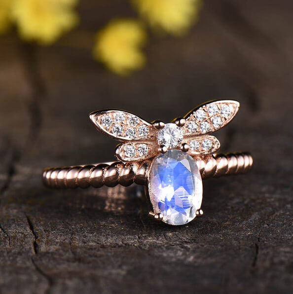 14K/18K Rose Gold Rainbow Moonstone Butterfly Engagement Ring for Women - Unique Handmade Vintage Wedding Band, Perfect for Proposal, Anniversary & Special Occasions