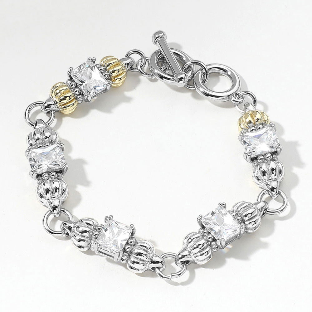 Two Tone CZ Stone Cluster Link Toggle Bracelet for Women - Elegant Fashion Jewelry for Parties, Weddings & Everyday Wear