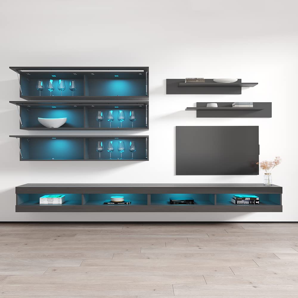 Modern Gray Wall-Mounted TV Stand with Storage Shelves & LED Lights - Floating Entertainment Center Console for Living Room & Bedroom - Meble Furniture Fly J2 34TV Stand - Perfect for Small Spaces, Apartments and Home Theater Setups