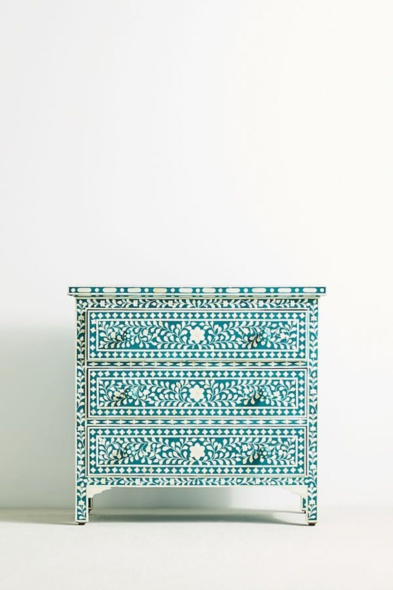 Handmade Floral Design Inlay 3-Drawer Dresser in Teal Green - Vintage Bedroom Storage Unit for Home Decor & Organization