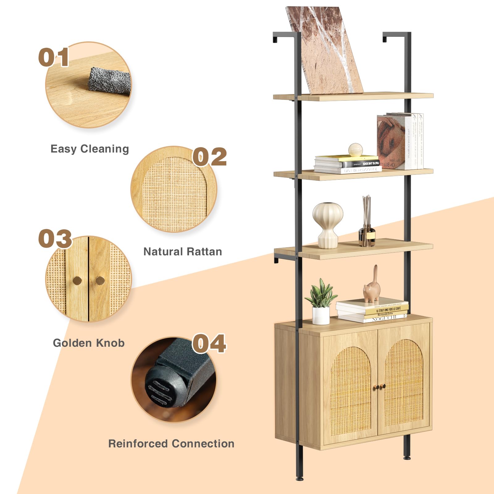3-Tier Ladder Bookshelf with Rattan Cabinet - Space-Saving Storage for Home Office & Bedroom