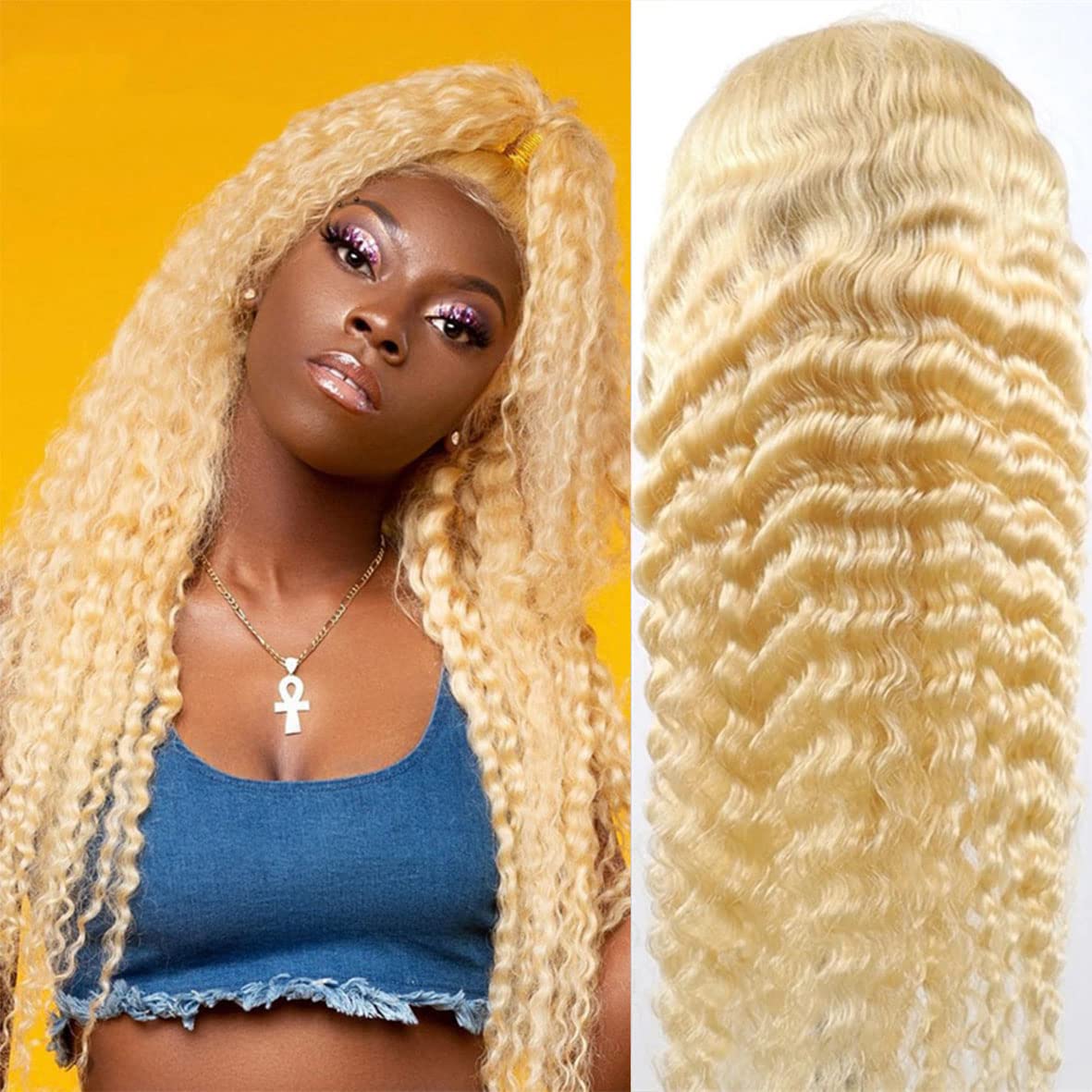 40 Inch 613 Blonde 13x4 Lace Front Wig - Brazilian Human Hair 180% Deep Wave - HD Transparent Pre-Plucked Lace Frontal - Remy Human Hair Wigs for Women - Perfect for Cosplay, Daily Wear & Special Occasions