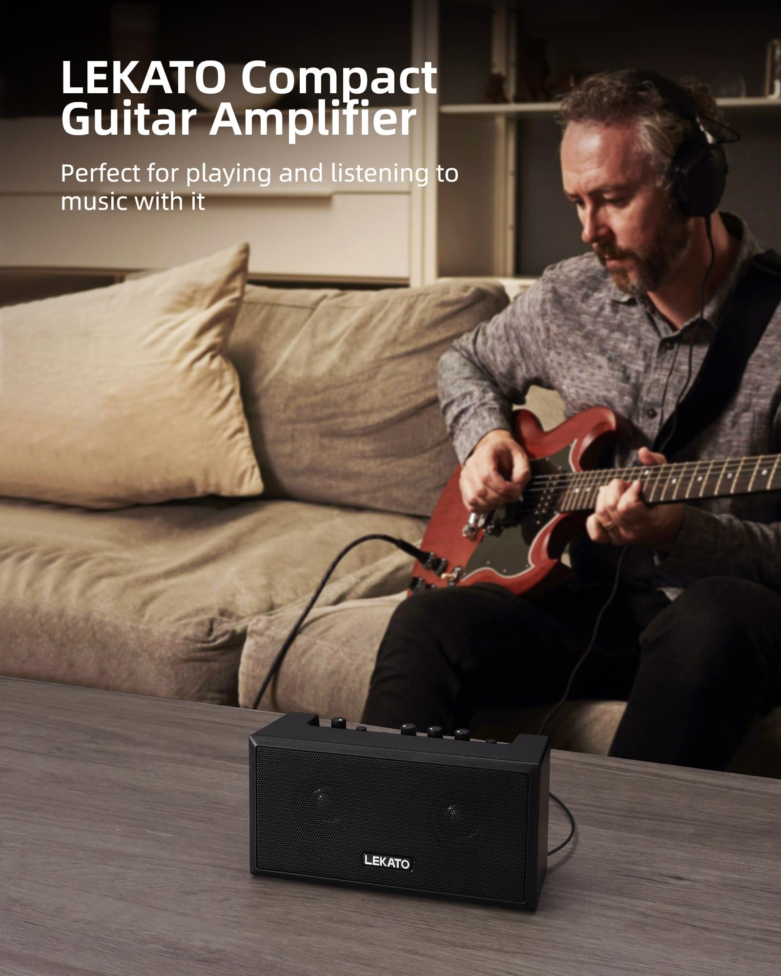 LEKATO 5W Mini Electric Guitar Amplifier with Clean & Overdrive Effects - Portable Bluetooth Bass Amp for Daily Practice, Home & Studio Use - Black