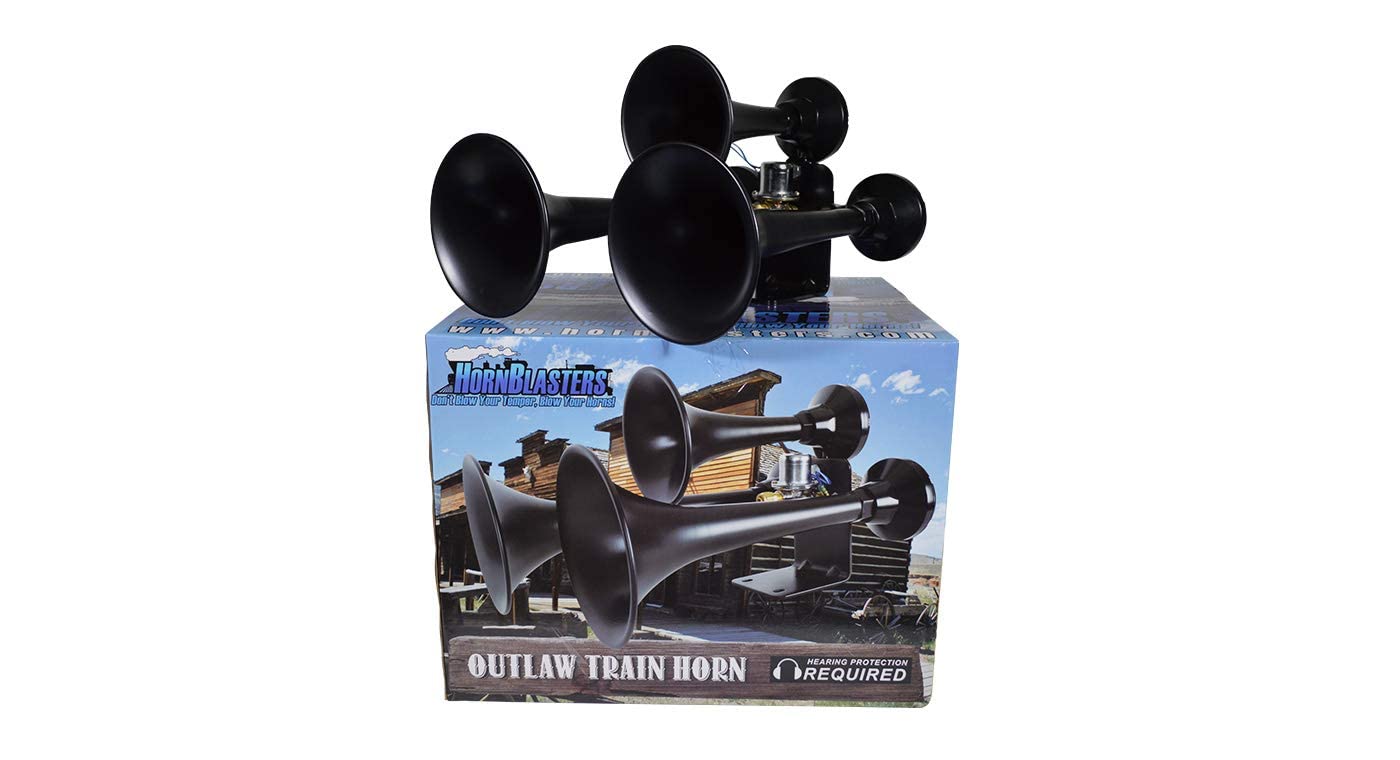 HornBlasters Outlaw Black 12/24 Volt Train Horn Kit - 3 Trumpet Air Horn for Trucks & Vehicles - Loud 150dB Sound for Emergency & Safety - Perfect for Semi Trucks, Boats & Off-Road Adventures
