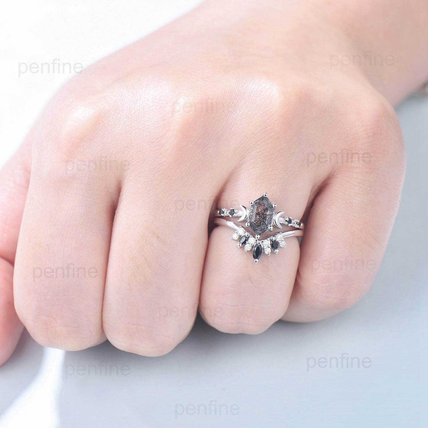 Long Hexagon Cut Black Rutilated Quartz Engagement Ring Set - 5 Stone Rose Gold Moon Spinel Wedding Ring for Women - Anniversary Gift for Her - Perfect for Proposals, Weddings & Special Occasions