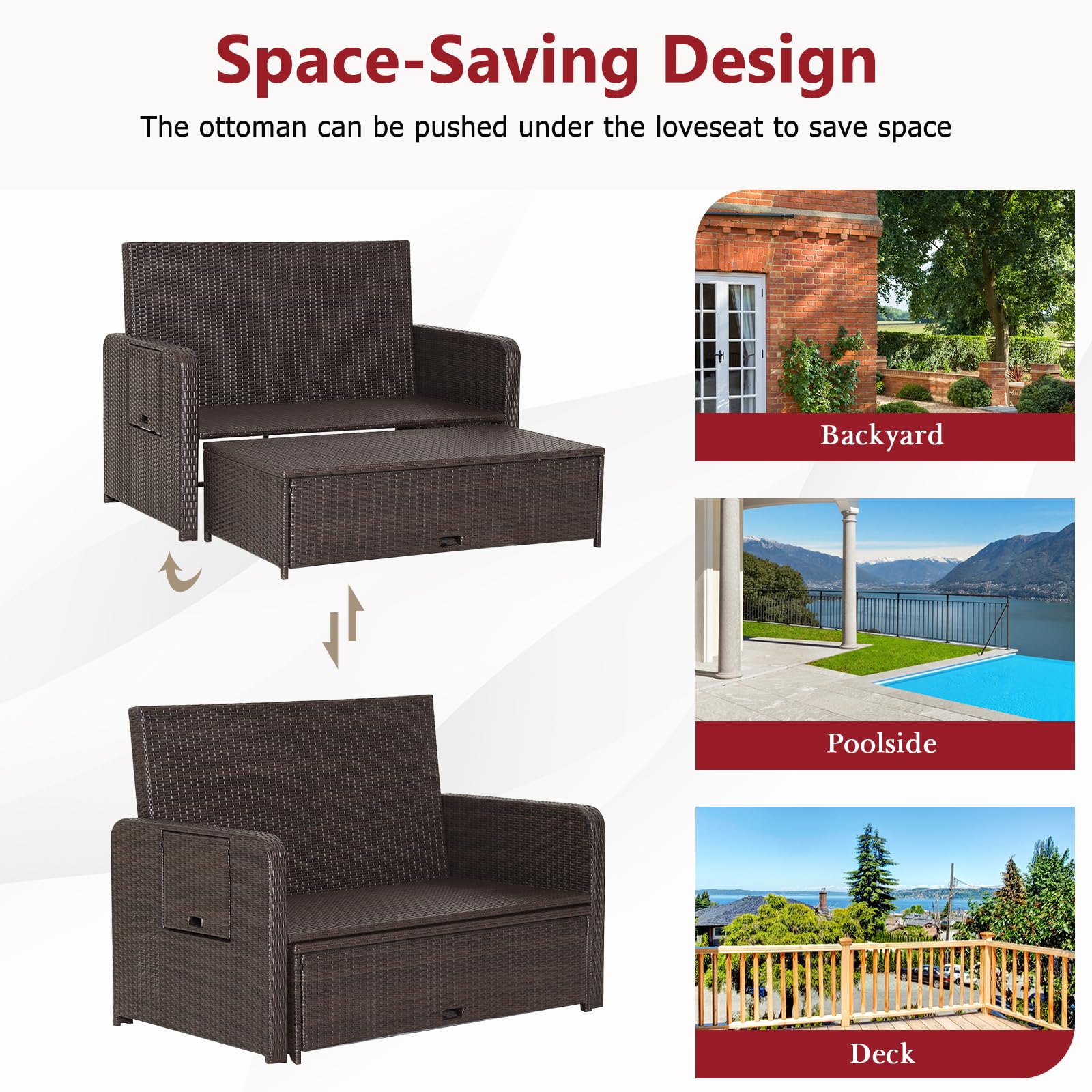 RELAX4LIFE Outdoor Wicker Daybed with Adjustable Backrest - Rattan Patio Lounger Set with Loveseat, Storage Ottoman & Cushions - 4-Level Reclining & 2 Retractable Trays - Perfect for Poolside, Garden or Patio Relaxation (Red)