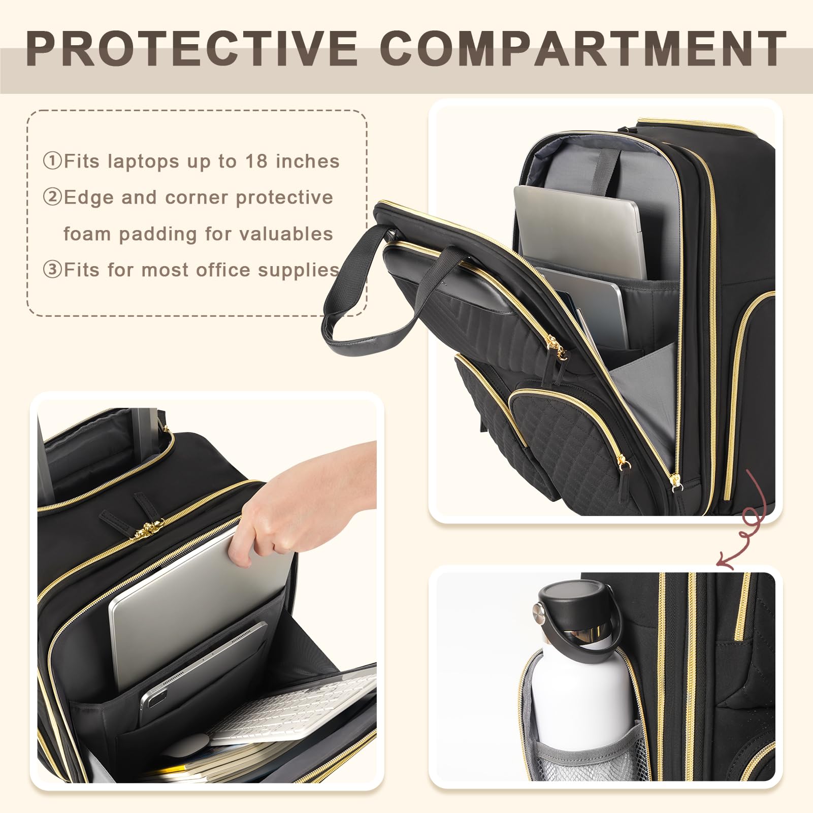 Airline Approved Underseat Carry On Luggage with Wheels - Lightweight Rolling Suitcase with Multiple Compartments & Leather Handle - Perfect Personal Item Bag for Women in Black Gold (Size L) - Ideal for Business Travel, Weekend Getaways & Airplane Cabins