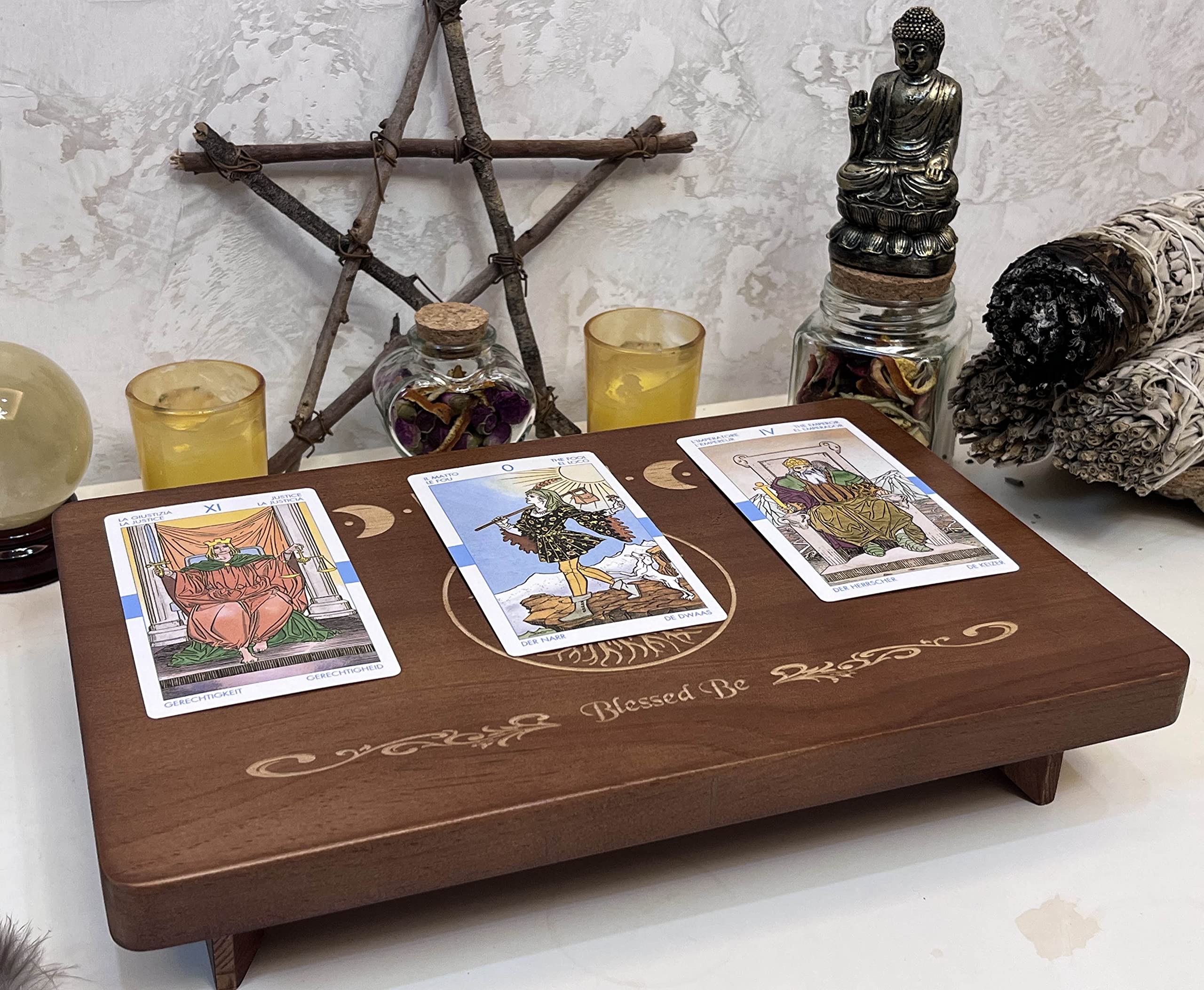 Handcrafted Wooden Altar Table - Moon Phase & Tree of Life Engraved Meditation Table (12×8 inches) for Wiccan, Buddhist Shrine & Spiritual Practices | Perfect for Home Altars, Yoga Spaces & Witchcraft Rituals