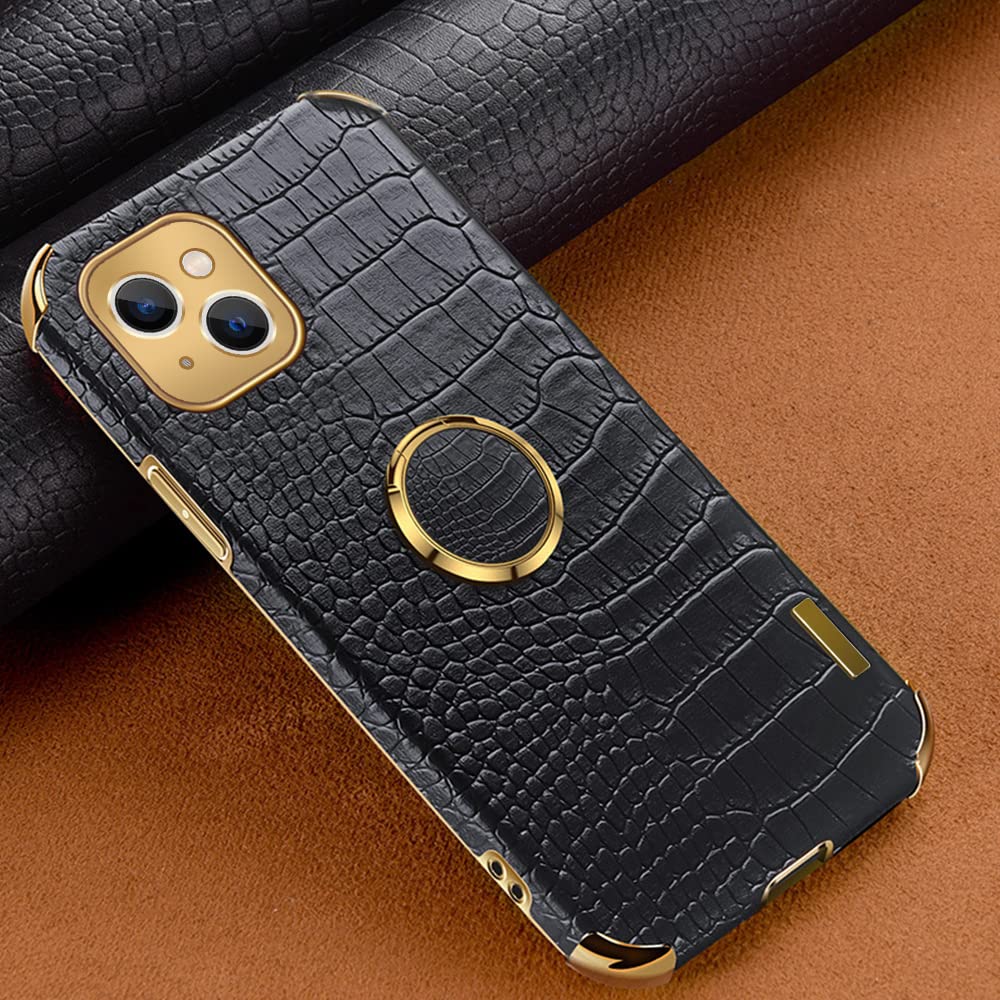 360° Rotating Ring Holder Case for iPhone 13 - Slim Soft Bumper with Crocodile/Snake Skin Texture - Protective Cover for Women & Men (6.1 Inch, Black) | Perfect for Hands-Free Viewing, Secure Grip & Everyday Protection