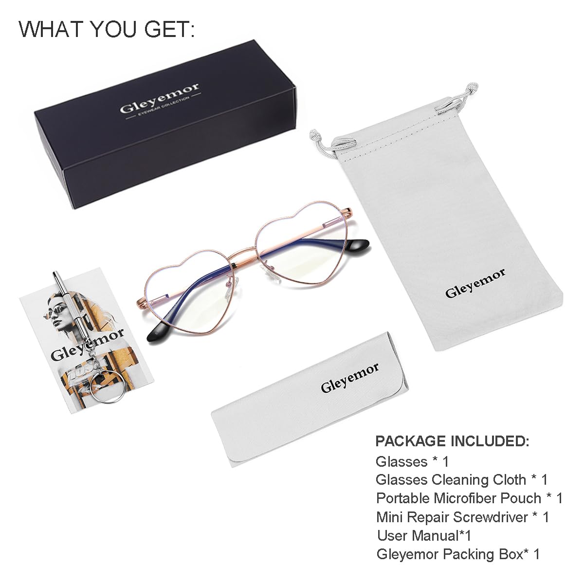 Gleyemor Heart Shaped Blue Light Blocking Glasses for Women - Anti Eyestrain Computer Glasses for Work, Gaming & Screen Time