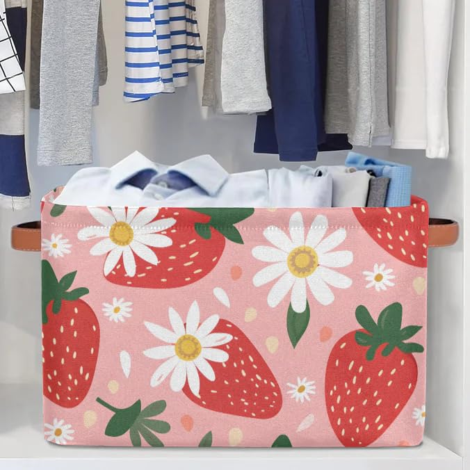 Strawberry Daisy Large Fabric Storage Baskets with Handles - 2 Pack Collapsible Closet Organizers for Shelves | Home Organization for Clothes, Toys & More | Perfect for Bedroom, Nursery & Playroom Storage