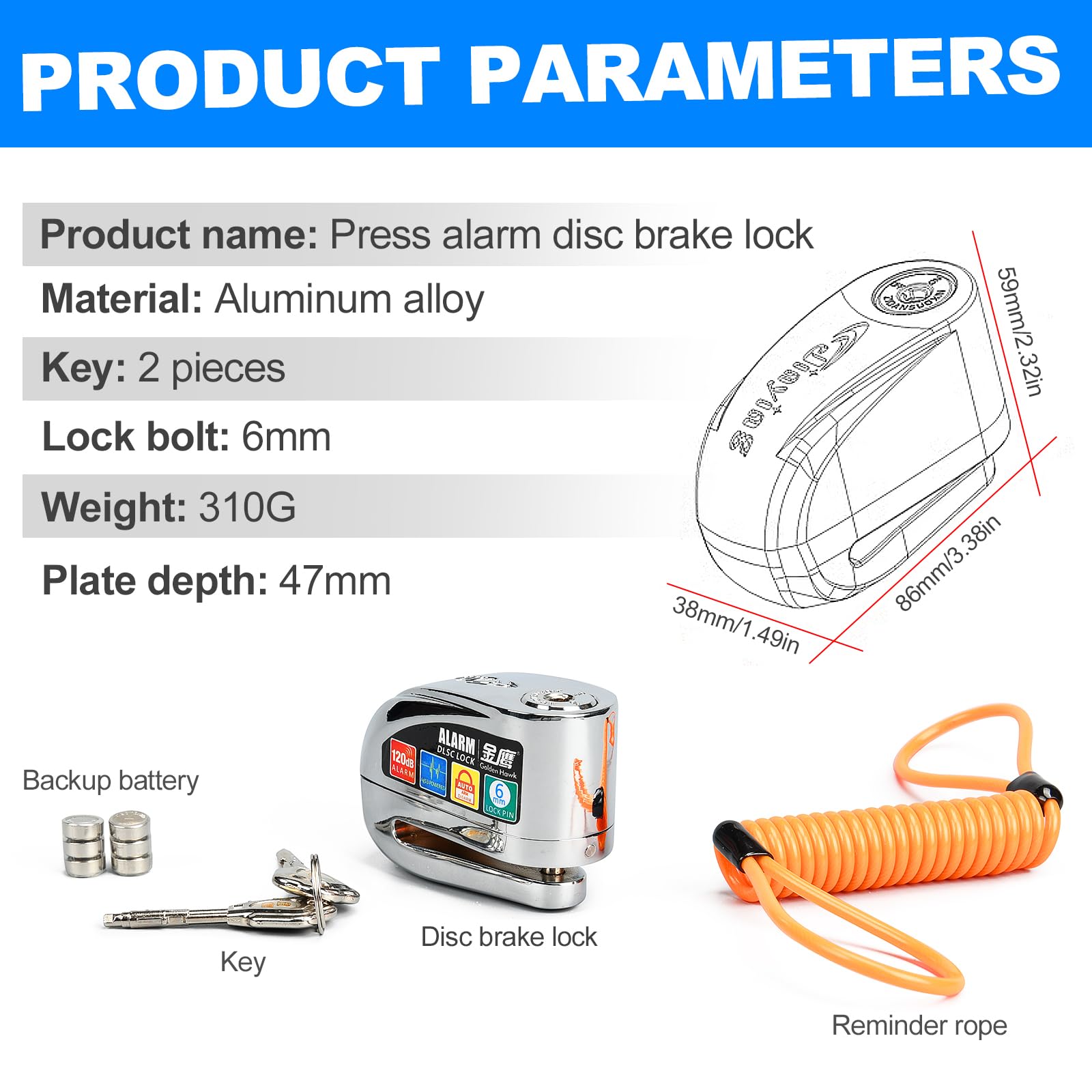 120dB Alarm Motorcycle Disc Brake Lock - Waterproof Anti-Theft Aluminum Alloy Bike Lock with Reminder Cable for Motorcycle, E-Bike, Bicycle & Scooter (Silver) | Perfect for Urban Commuting & Outdoor Travel Security