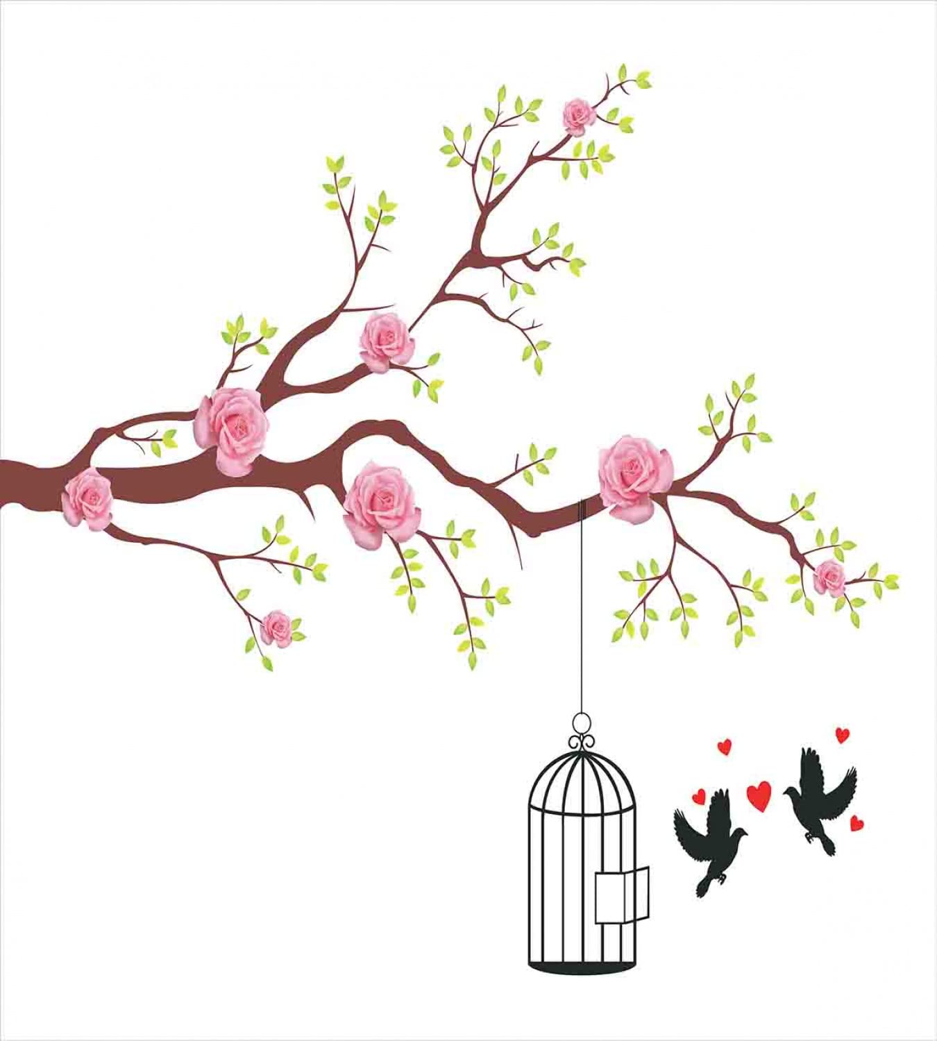 Ambesonne Birds Duvet Cover Set - Floral Roses with Love Birds and Heart Cage Romantic Design, 2-Piece Twin Size Bedding Set (Duvet Cover + Pillowcase) in Pink, Brown & White - Perfect for Couples Bedroom, Guest Room or Romantic Getaway Decor