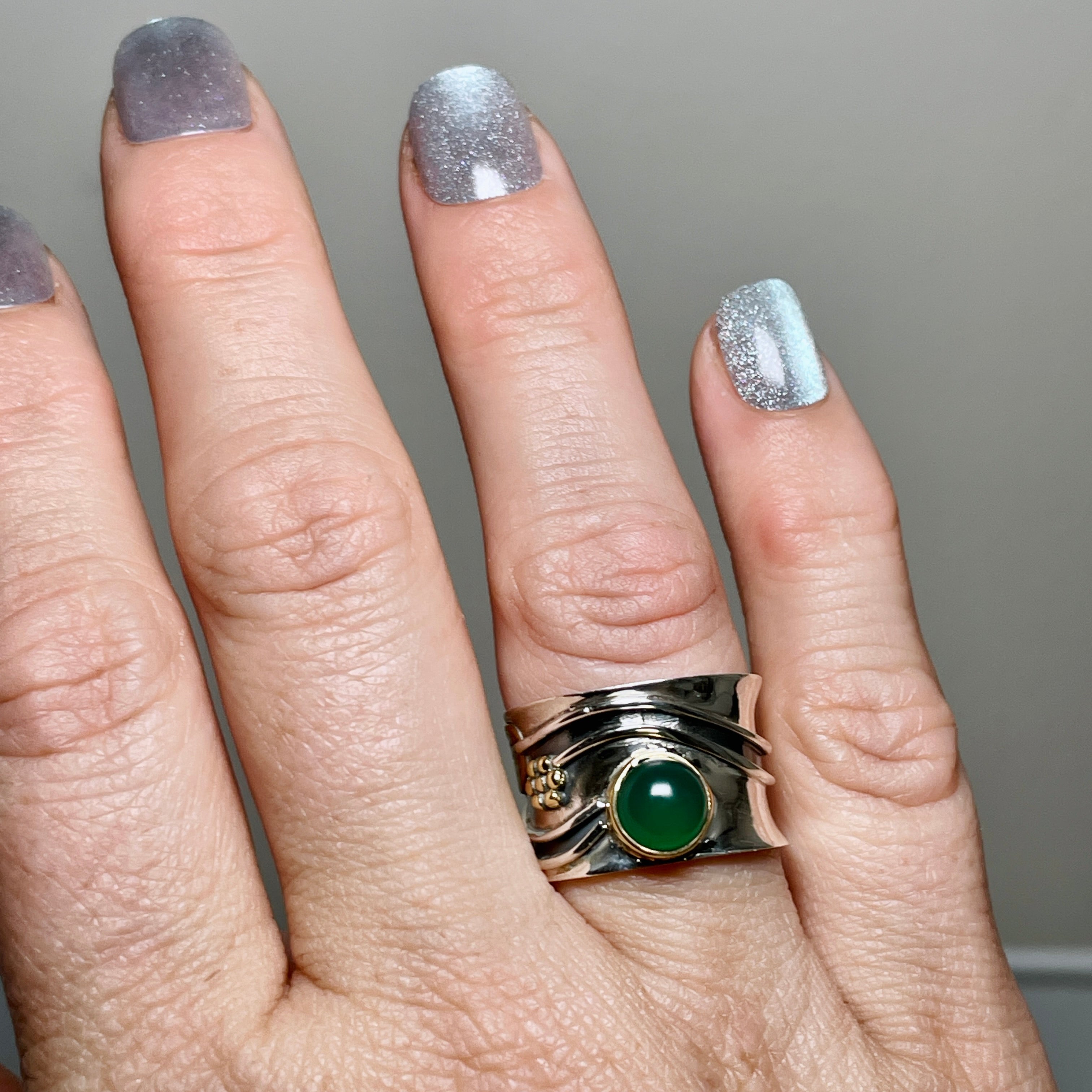 Green Chalcedony Round Cabochon Ring in Decorative Setting R4198 – Elegant Jewelry for Women, Perfect for Weddings, Parties & Special Occasions
