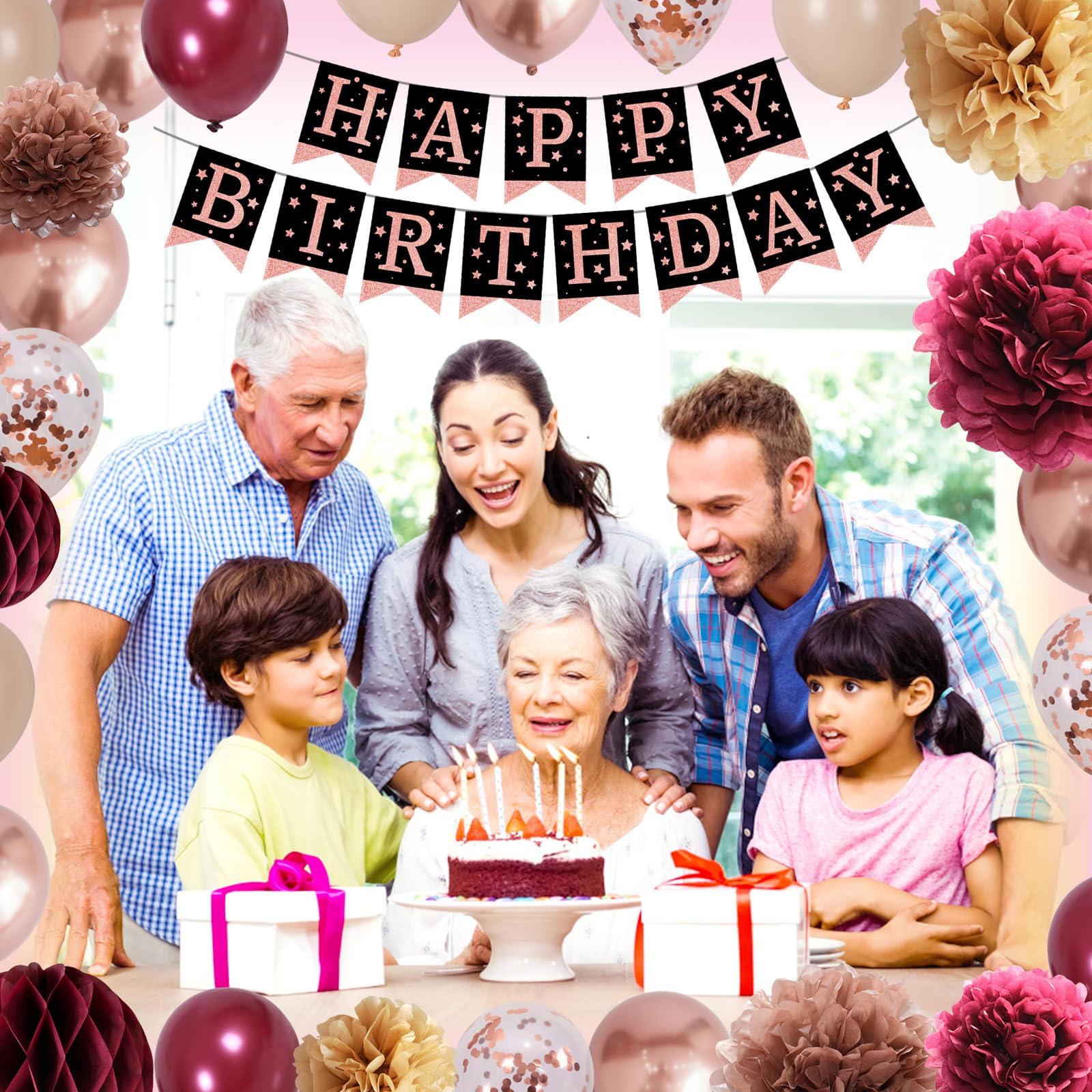 50th Birthday Party Decorations for Women - Burgundy Gold Happy Birthday Supplies with Confetti Balloons & Paper Pompoms | Perfect for Milestone Celebrations, Retirement Parties & Surprise Gatherings