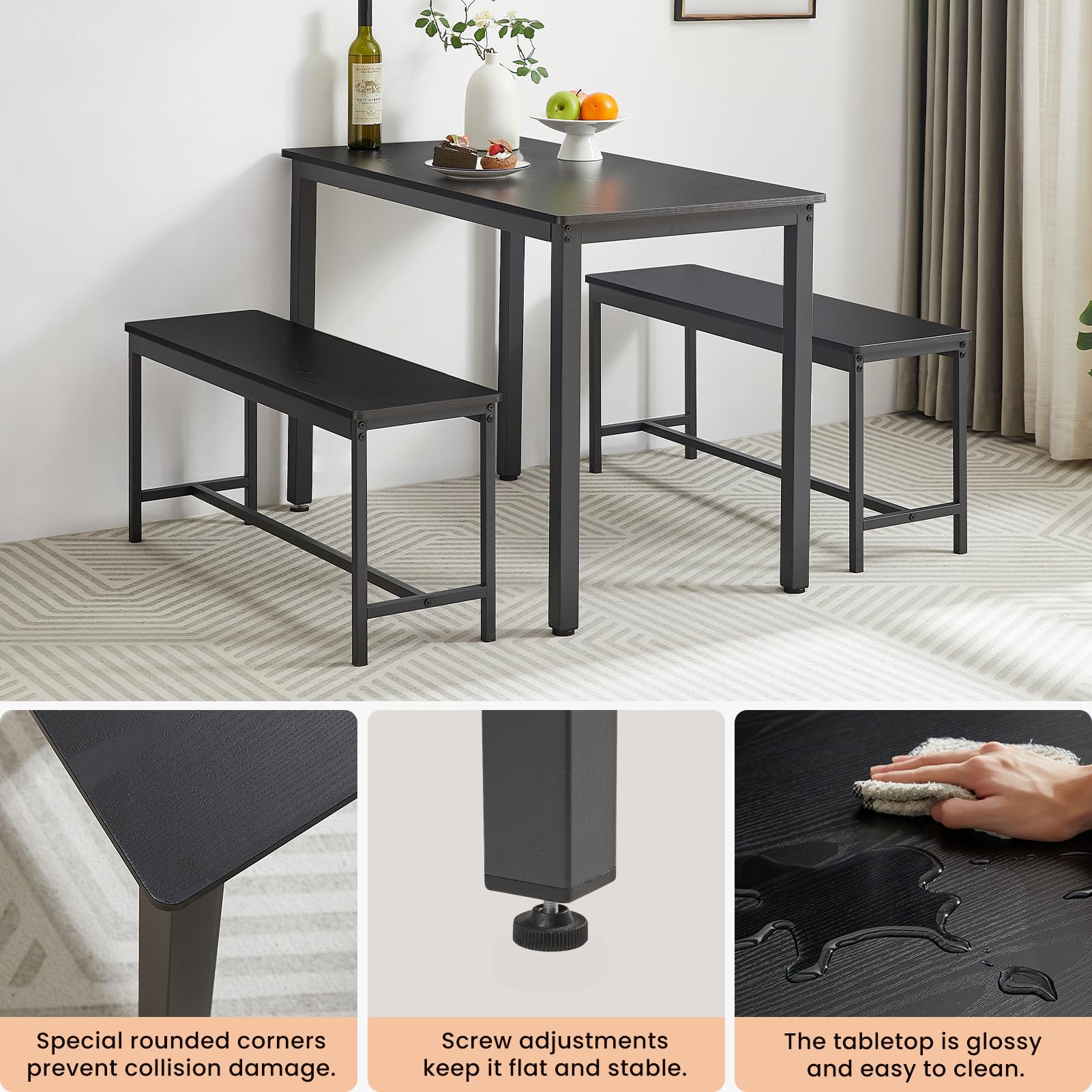 JULYFOX 3-Piece Modern Dining Room Set with Bench - Rectangular Table & Chairs for 4, Metal & Wood Kitchen Furniture for Small Spaces in Black | Perfect for Apartments, Breakfast Nooks & Cozy Dining Areas
