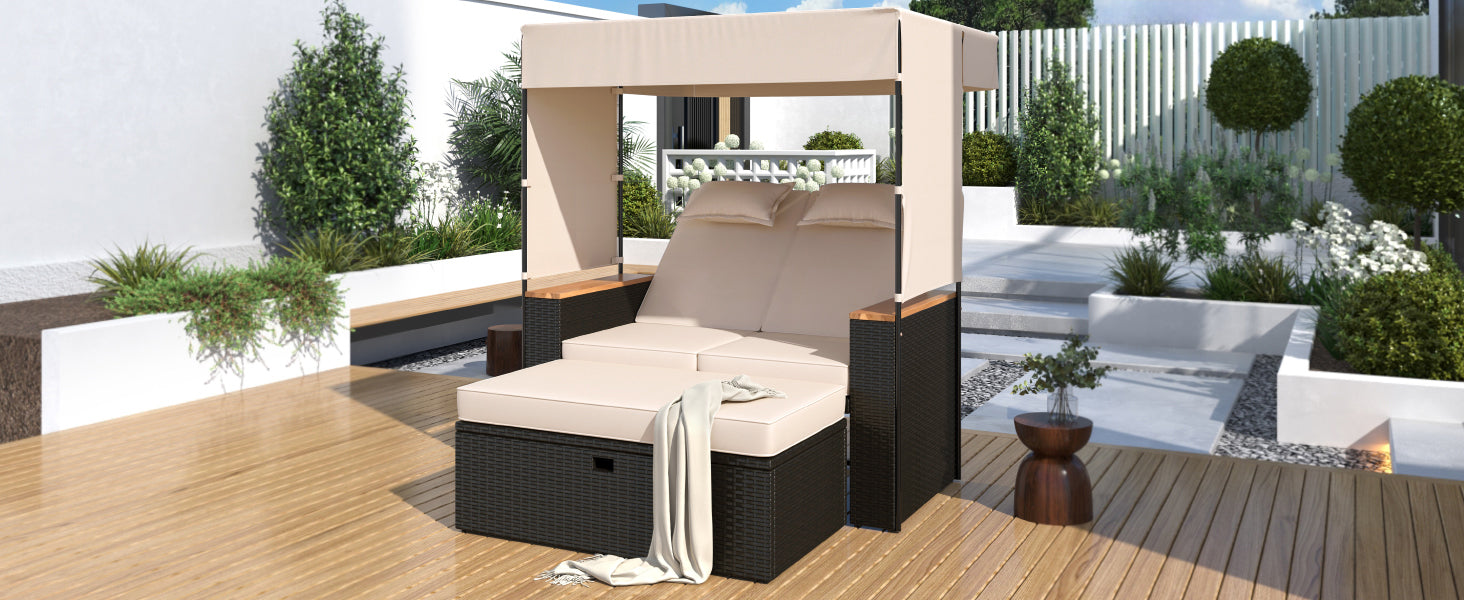 2-Piece Outdoor Rattan Daybed with 5 Adjustable Positions - Patio Loveseat Sofa Set for Poolside, Garden, or Backyard Relaxation
