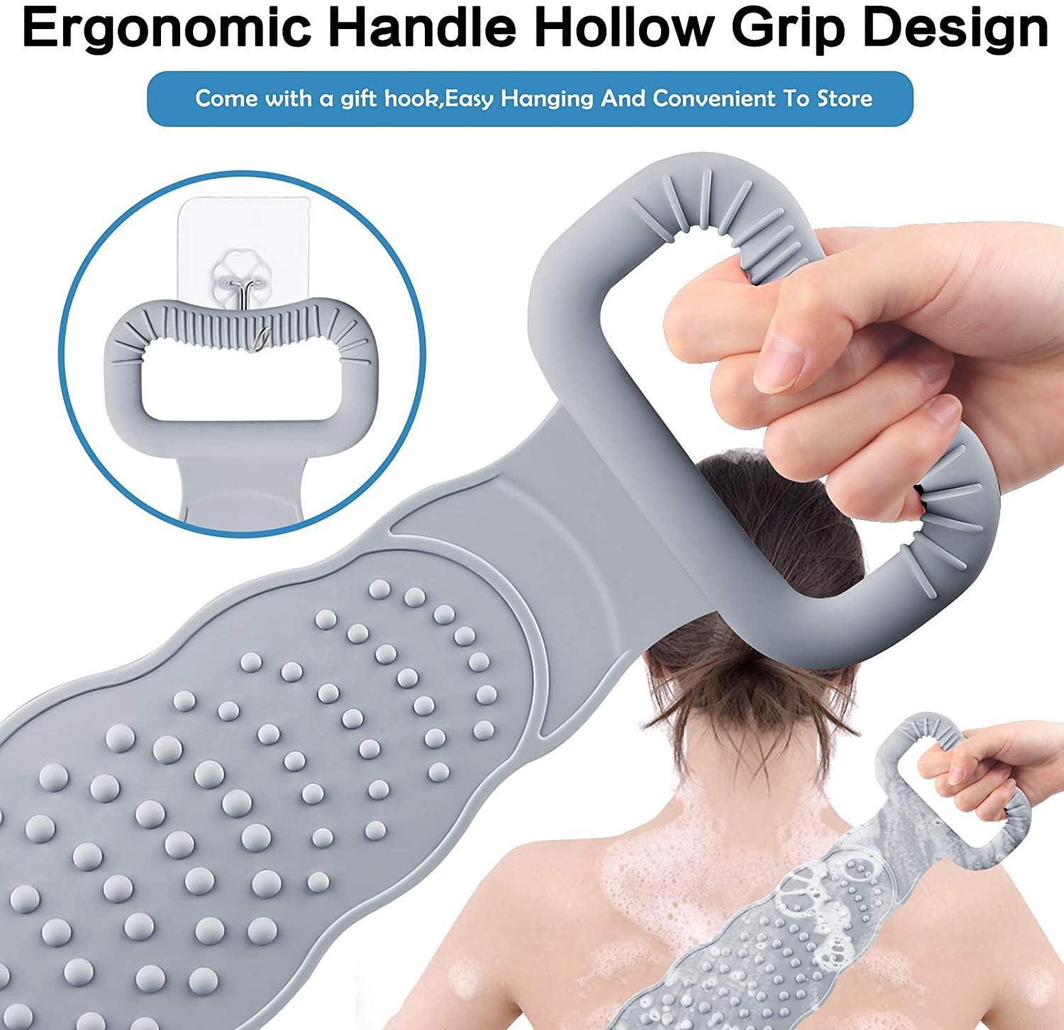 Exfoliating Silicone Body Brush - Long Double-Sided Back Scrubber with Strong Rub Gel for Deep Cleansing | Shower, Spa & Bath Use for Smooth Skin