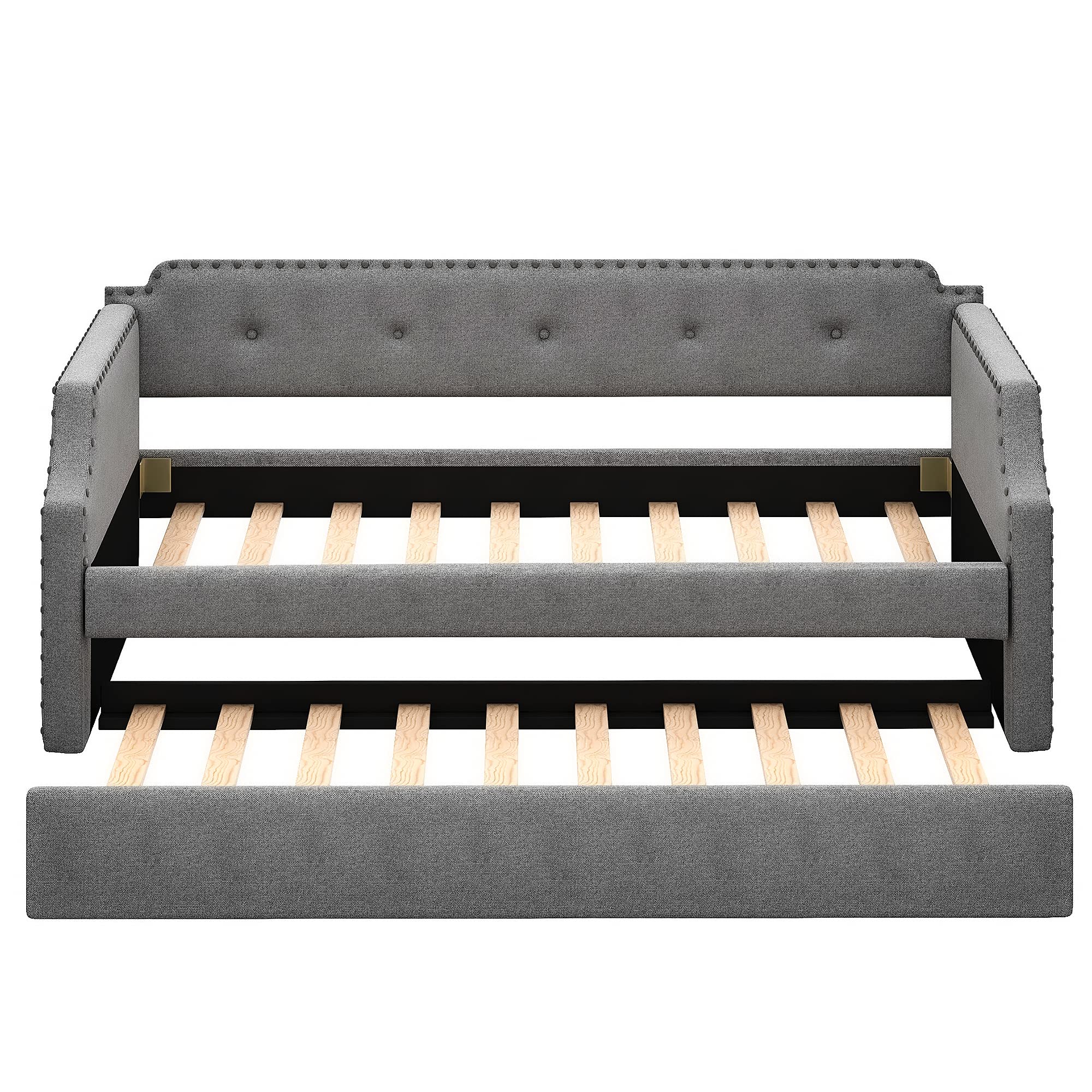 Twin Bed with Trundle - Upholstered Wood Daybed Frame, No Box Spring Needed, Grey - Perfect for Guest Rooms, Kids Rooms & Small Spaces