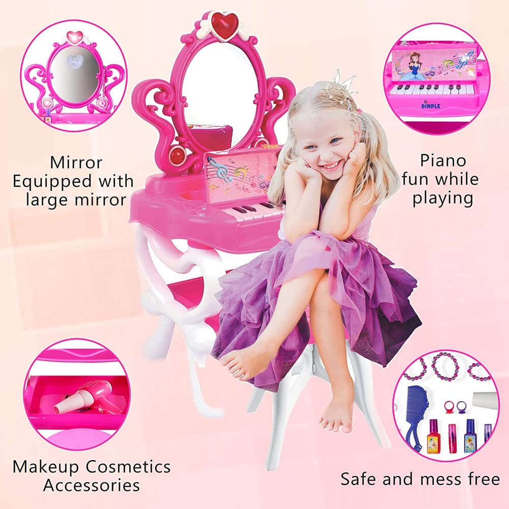 2-in-1 Princess Vanity Set with Working Piano & Hair Dryer - Pretend Play Makeup Toy for Girls (Set of 2) - Includes Flashing Lights, Big Mirror, Chair & Pretend Cosmetics - Perfect for Birthday Gifts & Role Play Games