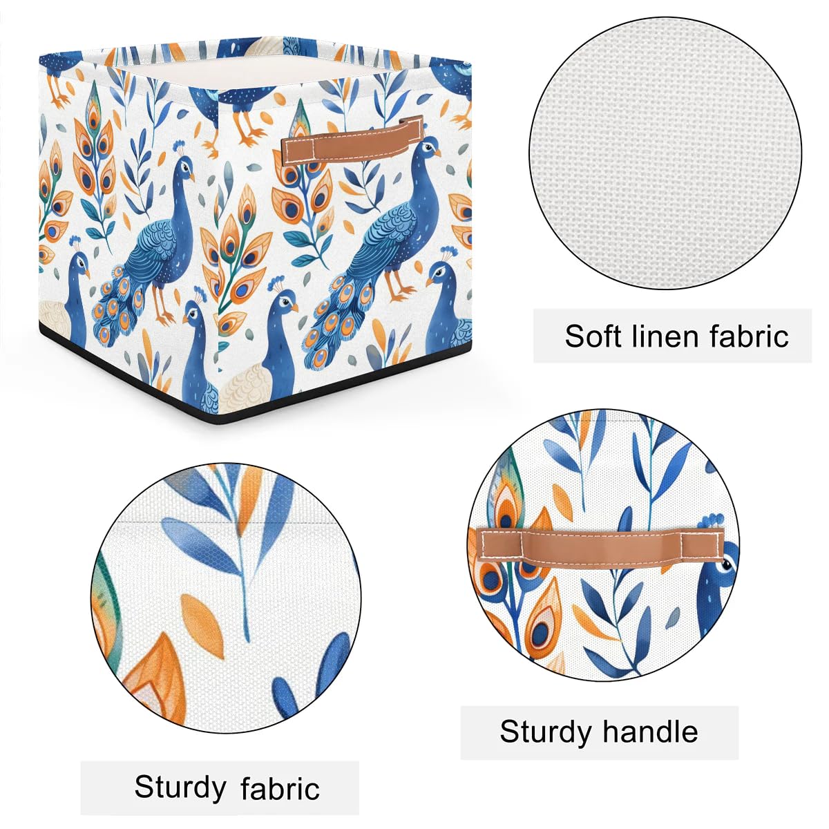 13 Inch Blue Peacock Collapsible Storage Basket with Leather Handle - Foldable Closet Organizer Bin for Bedroom, Bathroom & Nursery - Home Decor Storage Solution for Toys, Blankets & Laundry