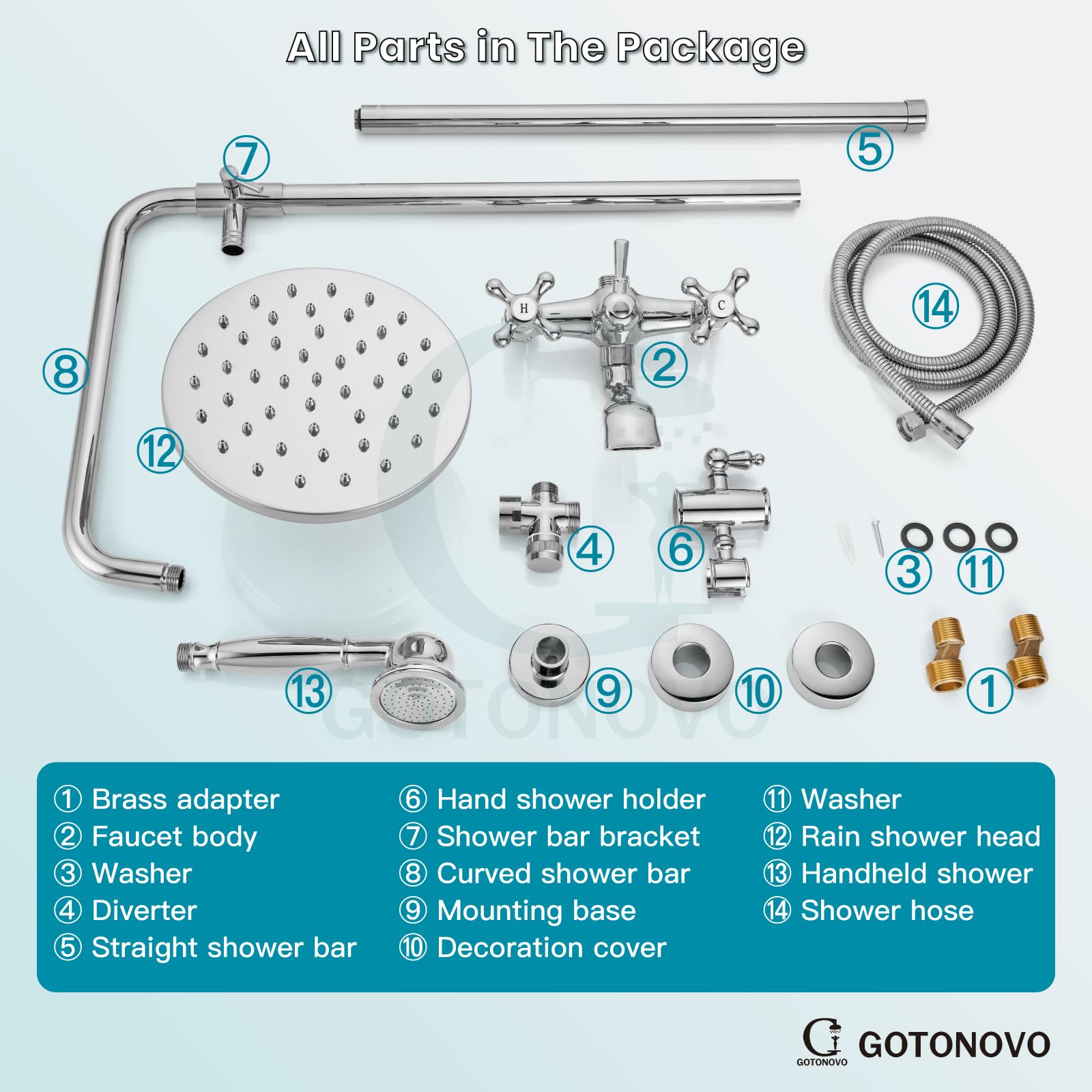 Gotonovo 8 Inch Exposed Shower Faucet Set - 3-Function Rainfall Showerhead with Tub Spout & Cross Handles - Polish Chrome Shower System for Bathroom Remodel & Luxury Spa Experience