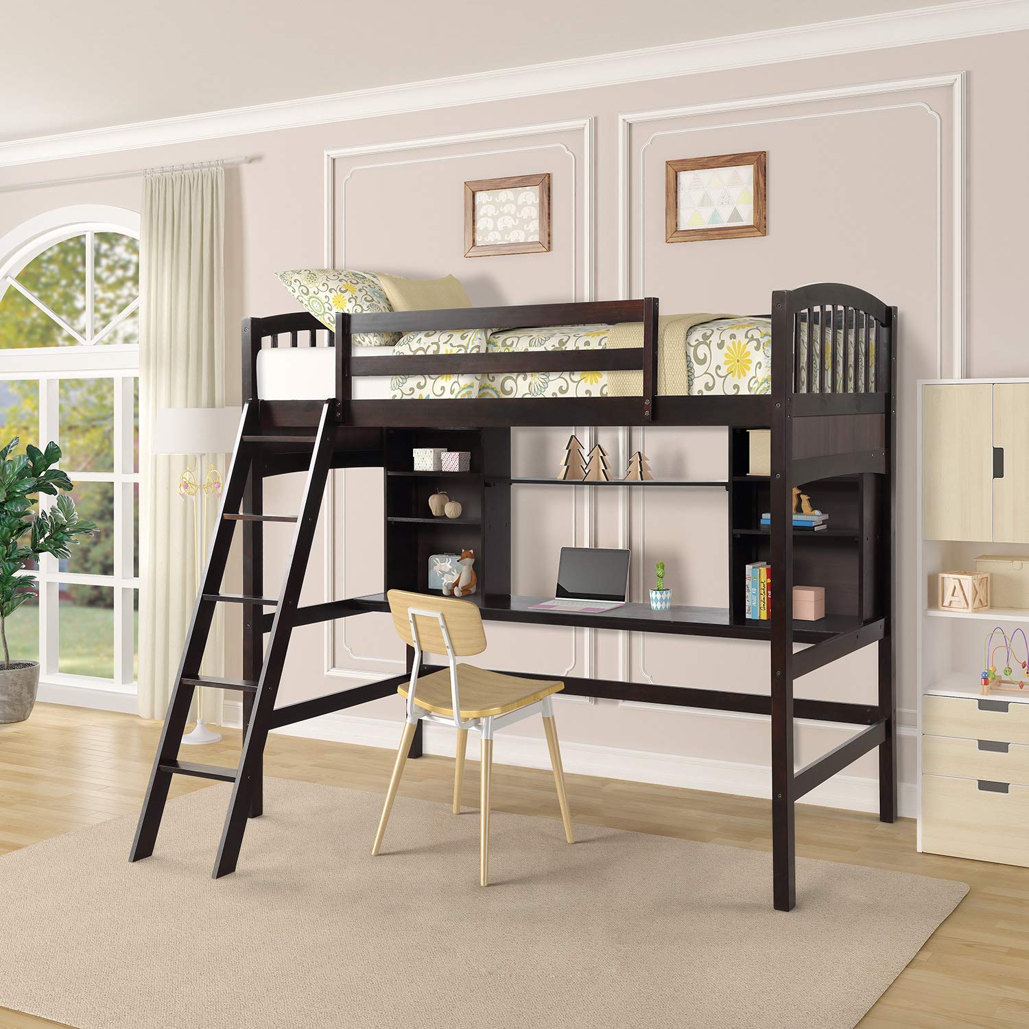 SOFTSEA Twin Size Loft Bed with Desk & Storage - Solid Wood Loft Bed Frame with Bookcase & Ladder - High Loft Bed with Guardrails for Kids, Teens & Adults - Espresso Finish - Perfect for Small Spaces, Dorm Rooms & Home Offices