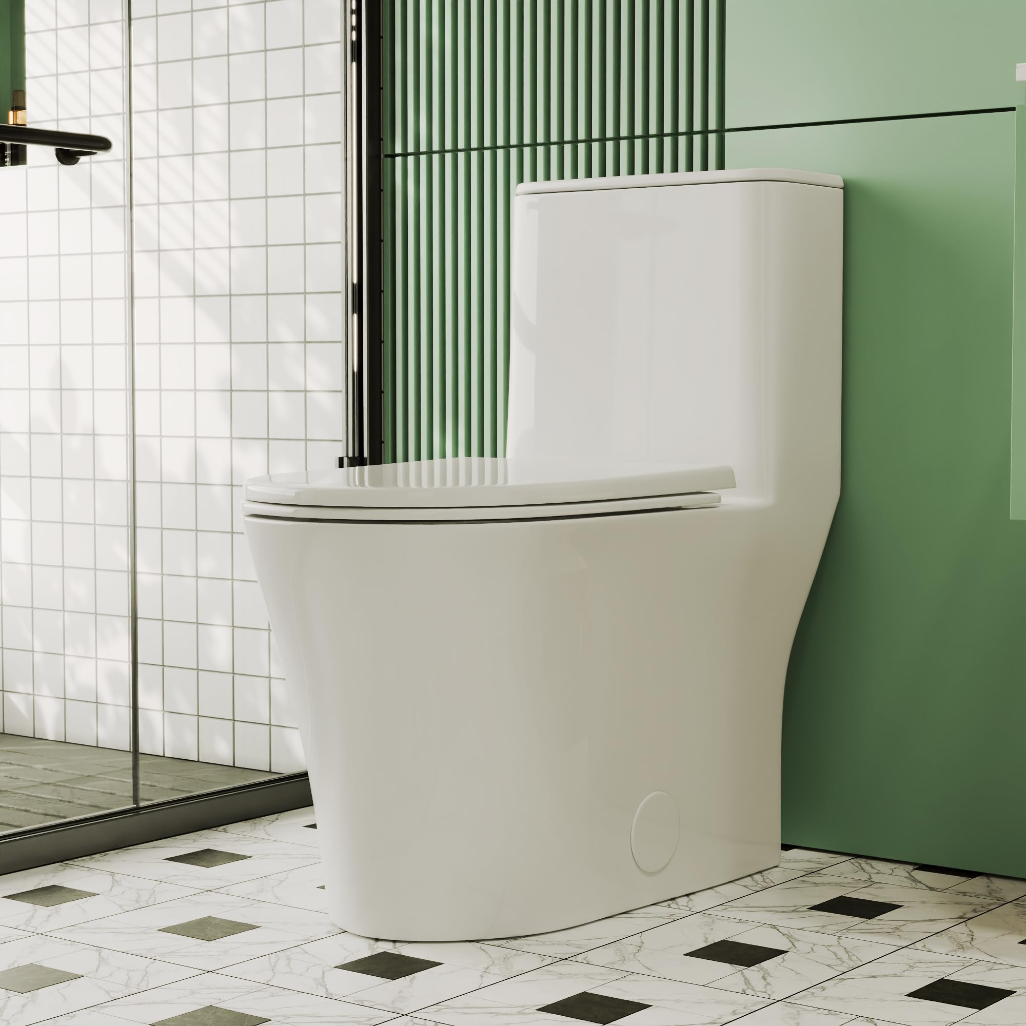 DeerValley Elongated One Piece Toilet with Soft-Close Seat - Dual Flush 1.1/1.6 GPF, 1000g MAP Rating, White Skirted Design, 12